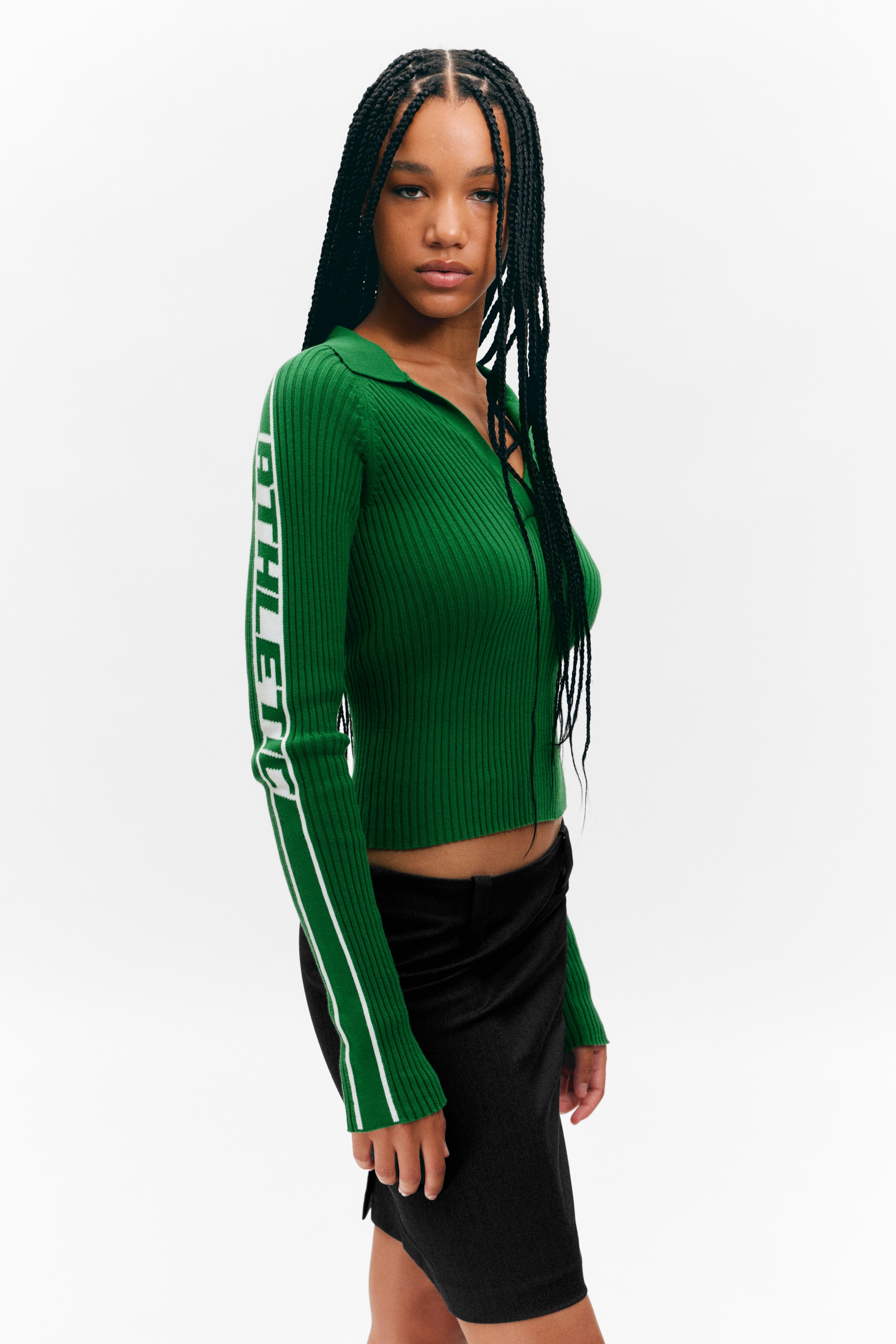 Žebrovaný úpletový top s dlouhým rukávem a výstřihem do V - Zelená/Bílá