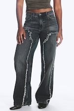 Kimberly Blue - Dark Blue - Ample Frayed Low Rise Loose Wide Jeans - 1