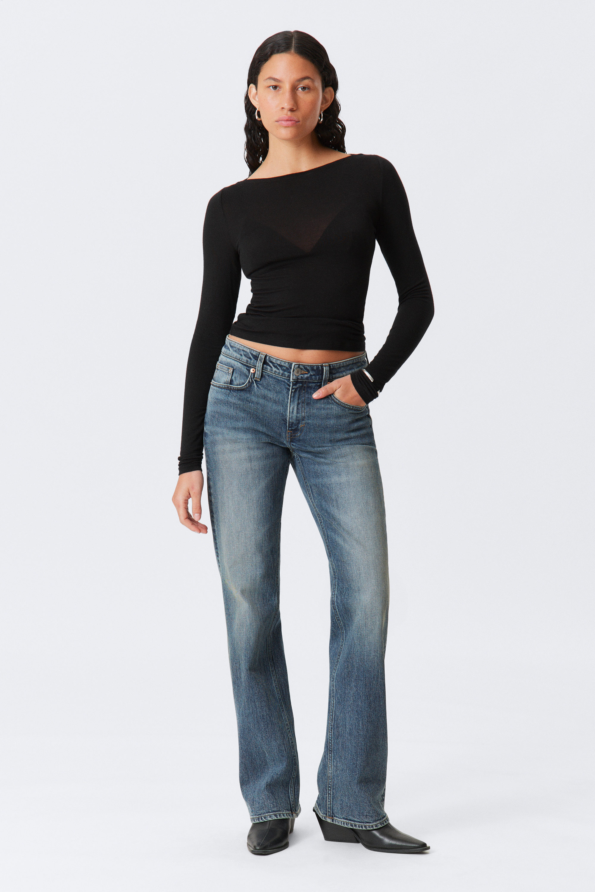 Thunder Blue - Dark Blue - Tension Mid Rise Slim Bootcut Leg Jeans - 1