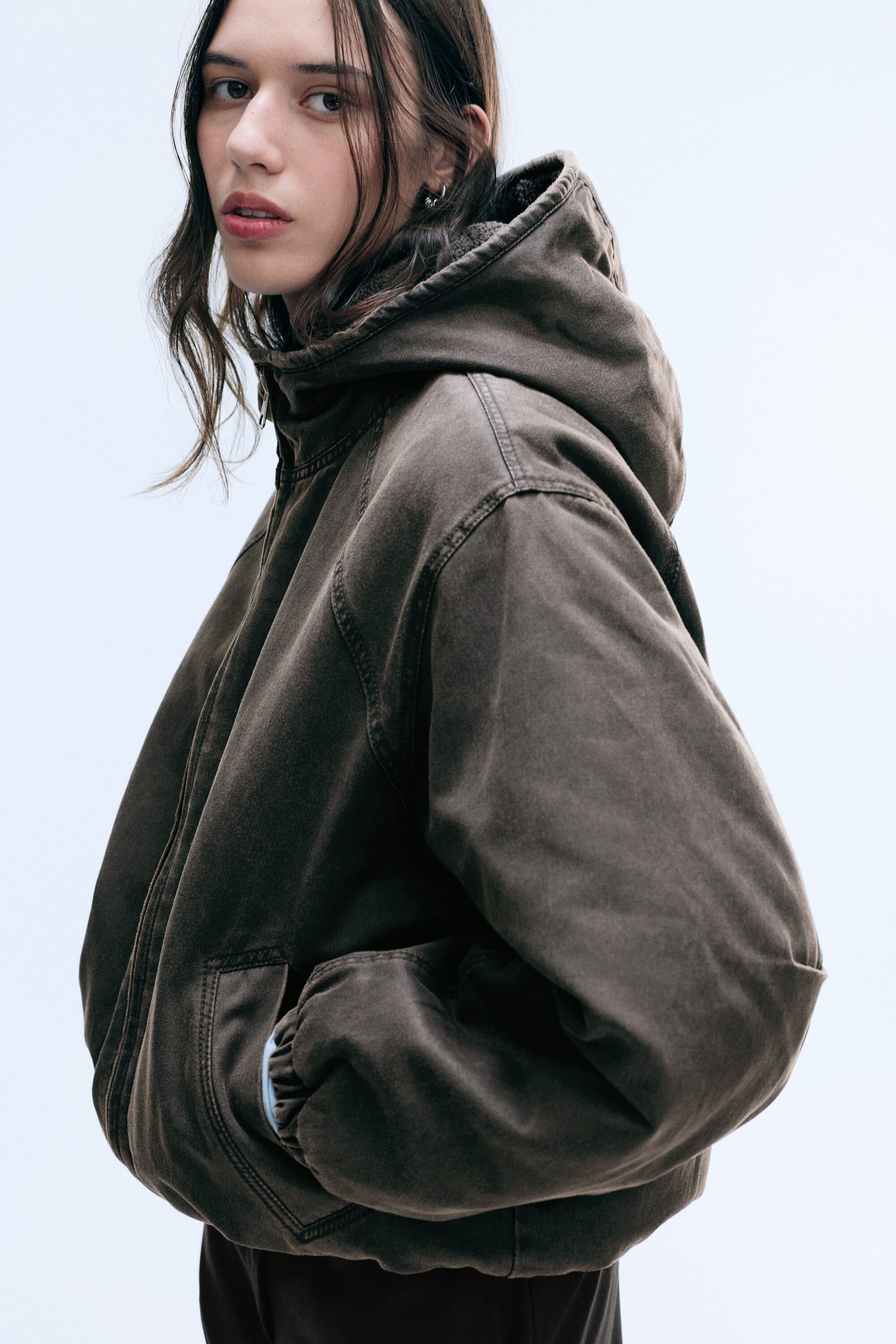 Dark Khaki Green - Pile Lined Hooded Jacket - 1