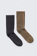 Dunkelblau & Beige - 2er-Pack gewaschene Crew-Socken - 0