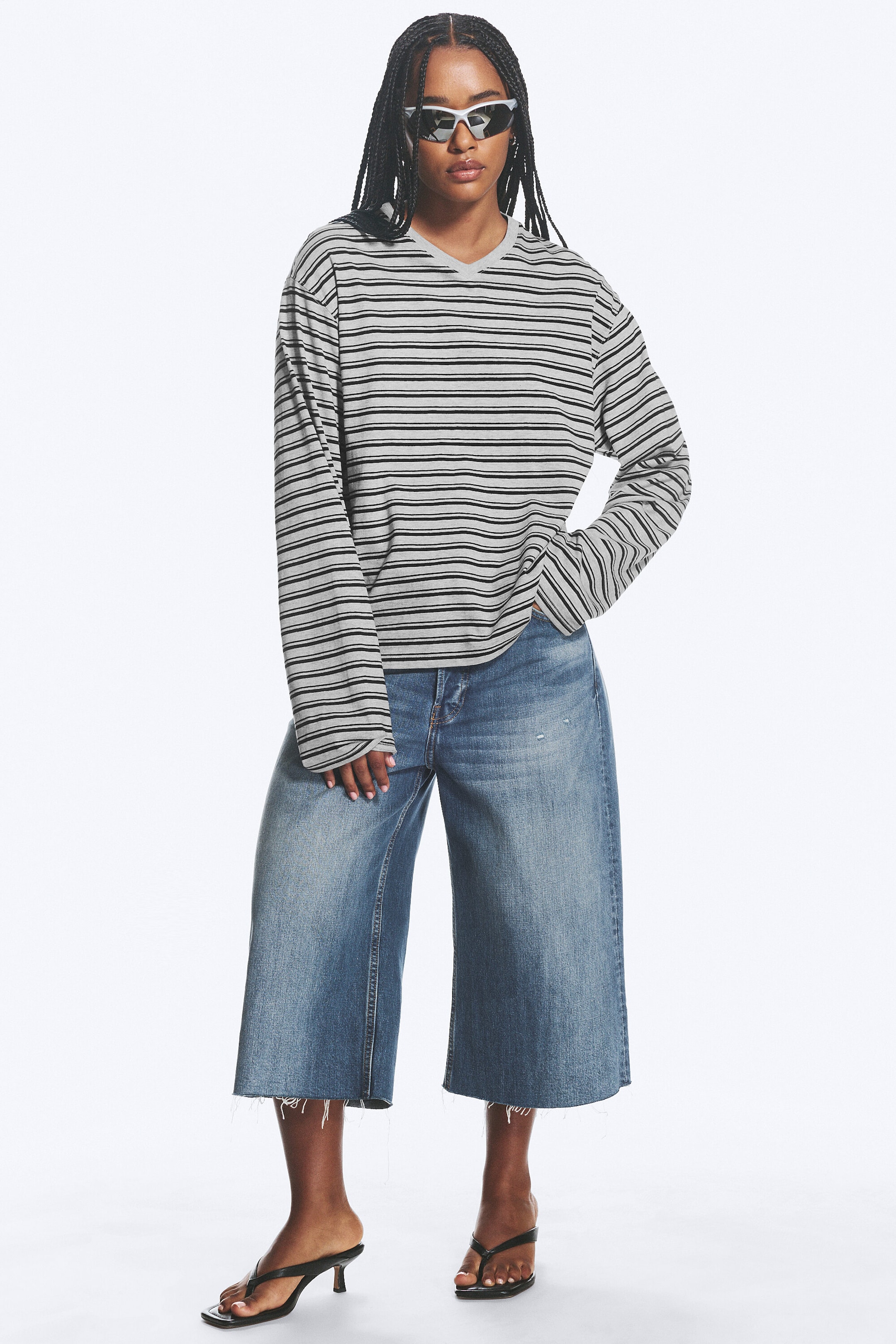 Grey Melange/Black Striped - Boxy V-neck Long-sleevd T-shirt - 2