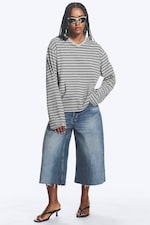 Grey Melange/Black Striped - Boxy V-neck Long-sleevd T-shirt - 2