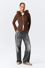 Brown - Fitted Zip Hoodie with Faux-Fur Trim - 0