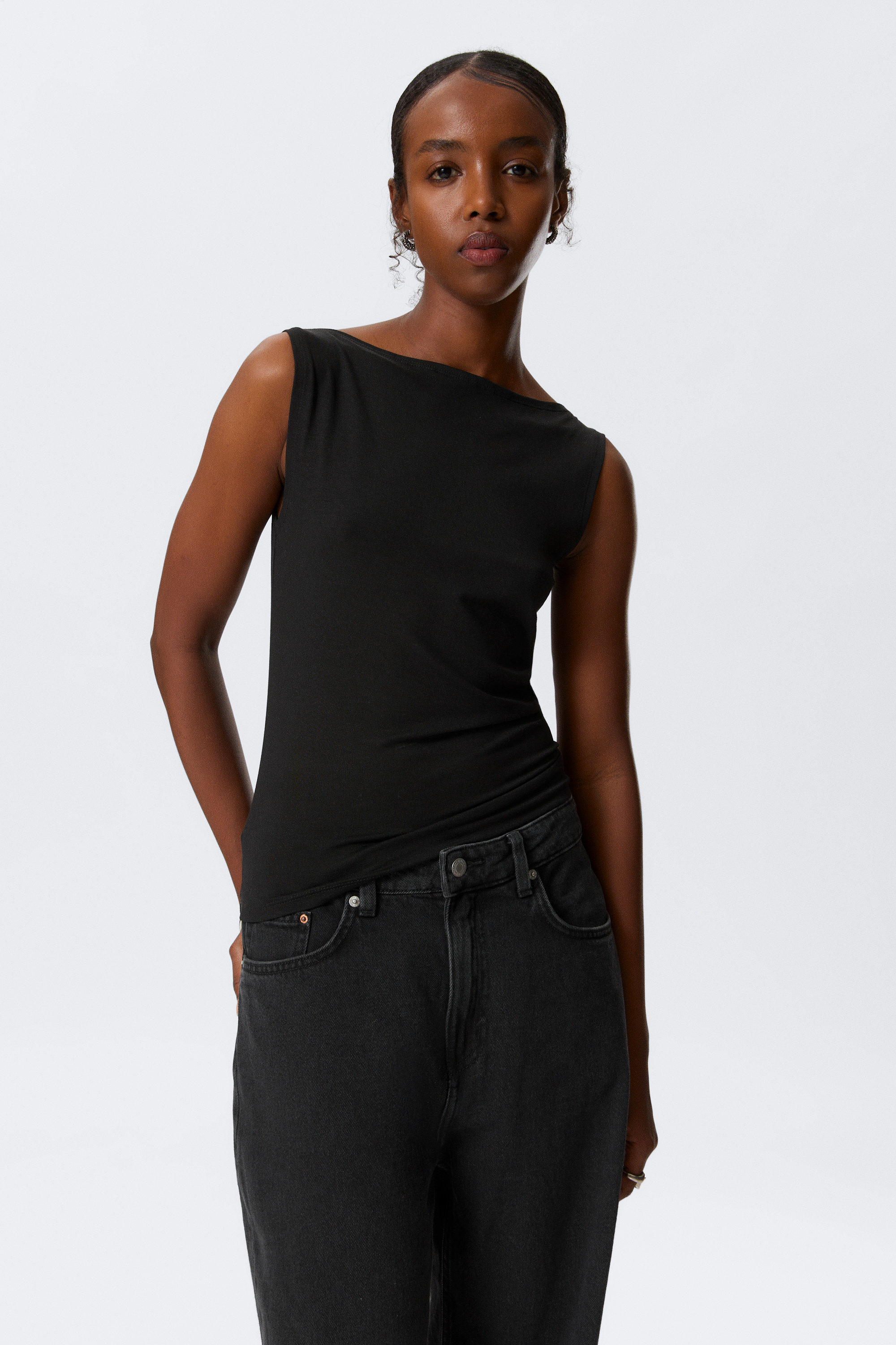 Black - Annie Soft Sleeveless Boat-Neck Top - 1