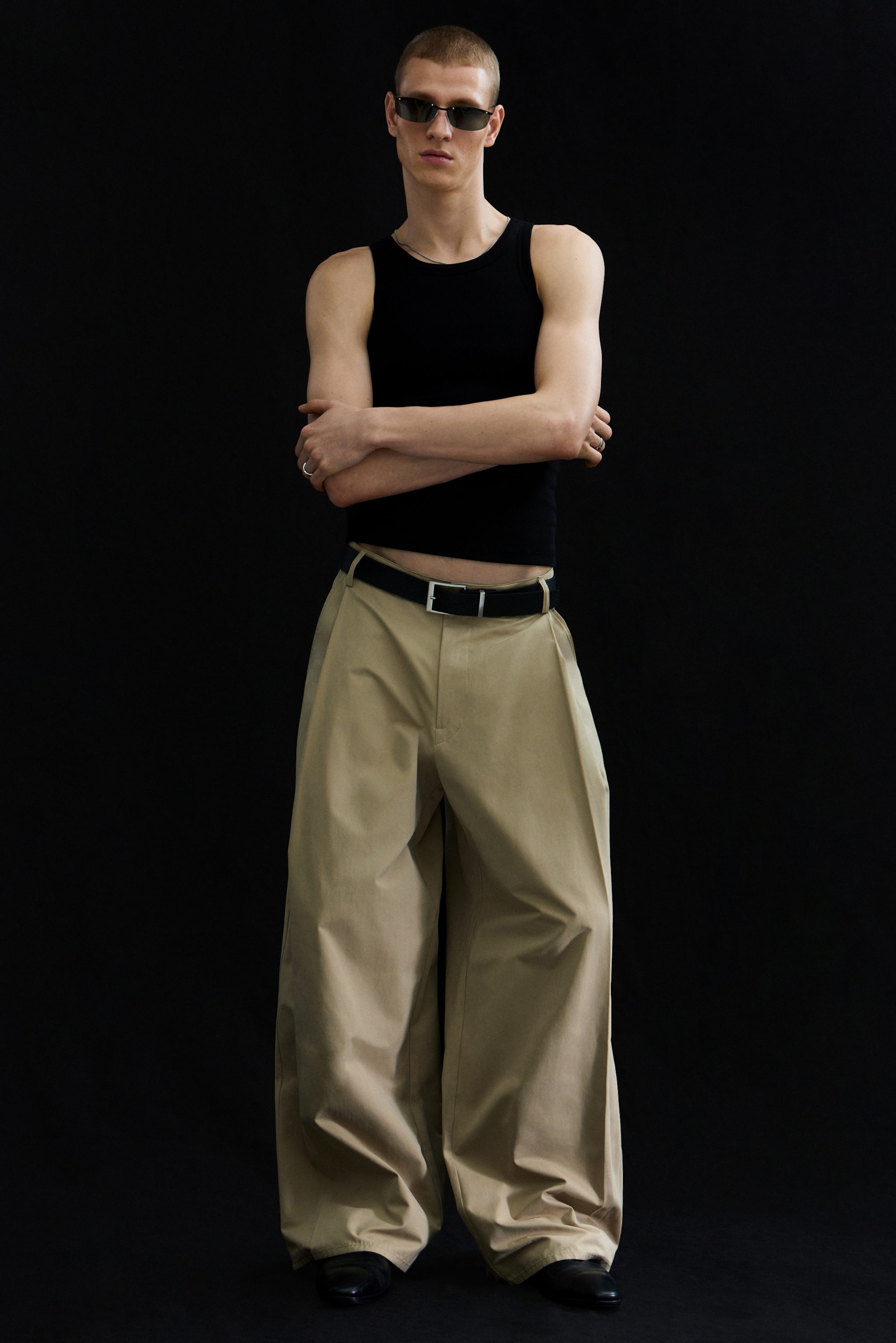 Beige - Pleated Loose Fit Wide Leg Trousers - 1