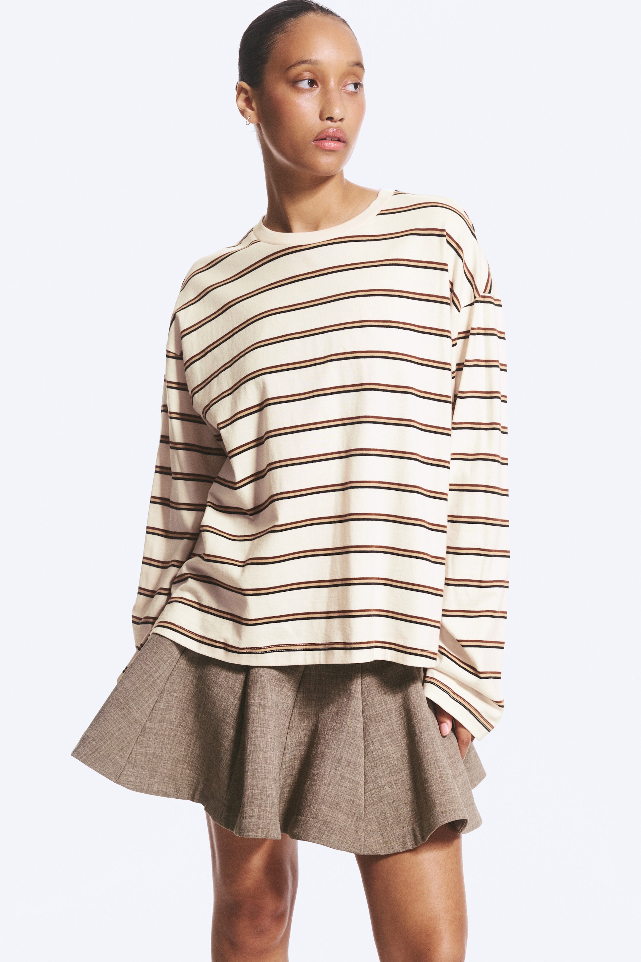 Dusty White - Brown Stripes - Long-Sleeved Cotton T-shirt - 1