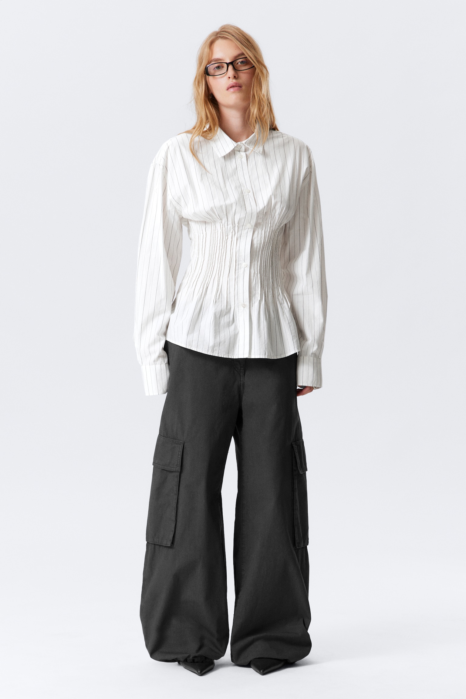 Gathered Waist Cotton Poplin Shirt - White/Black