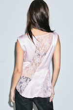 Dusty Pink - Lace-Insert Satin Boat-Neck Top - 3