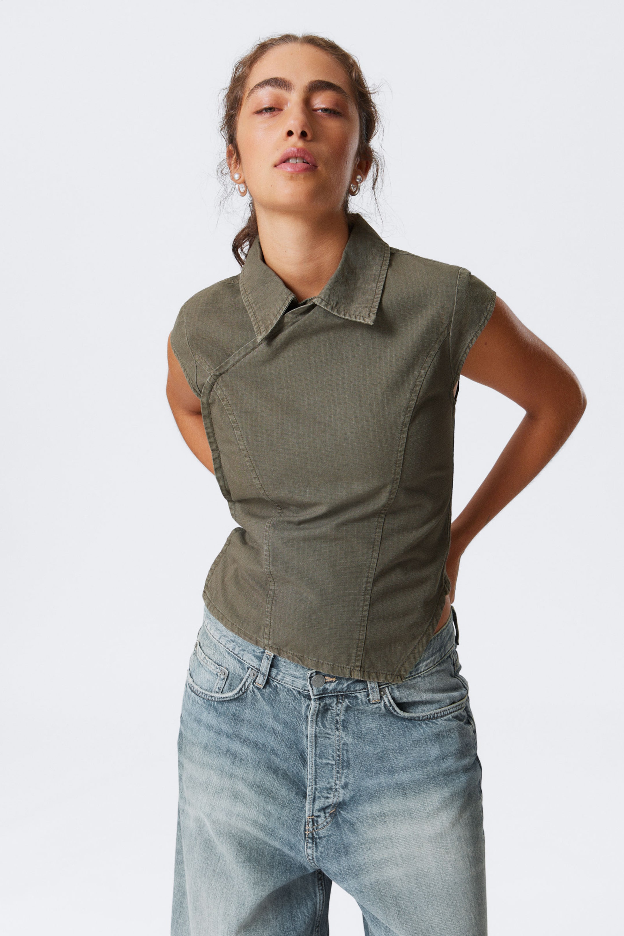 #58534F - Cap-Sleeved Asymmetric Ripstop Top - 1