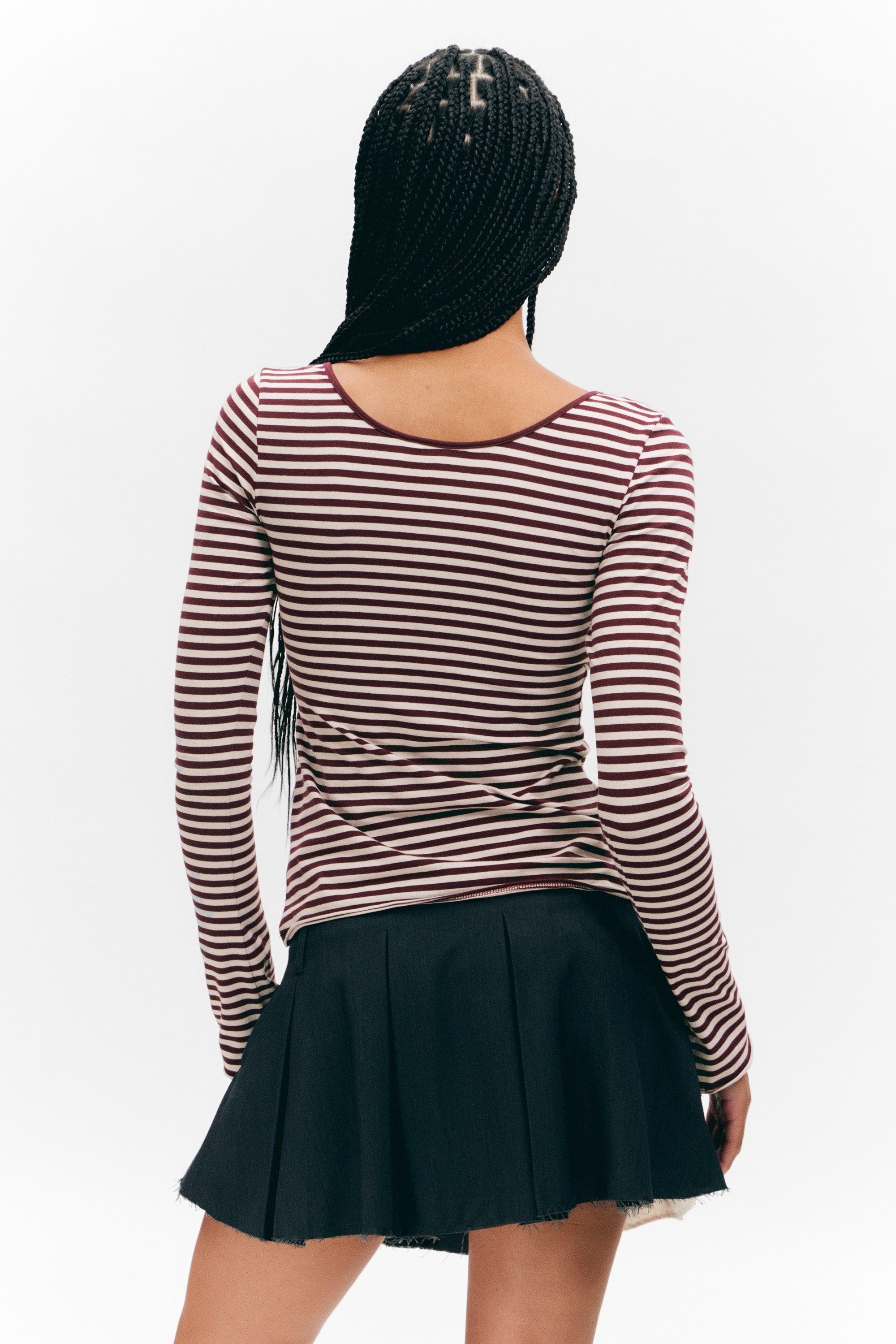 Pink & Burgundy Stripes - Long-Sleeved Slim Fit Scoop Neck Top - 2