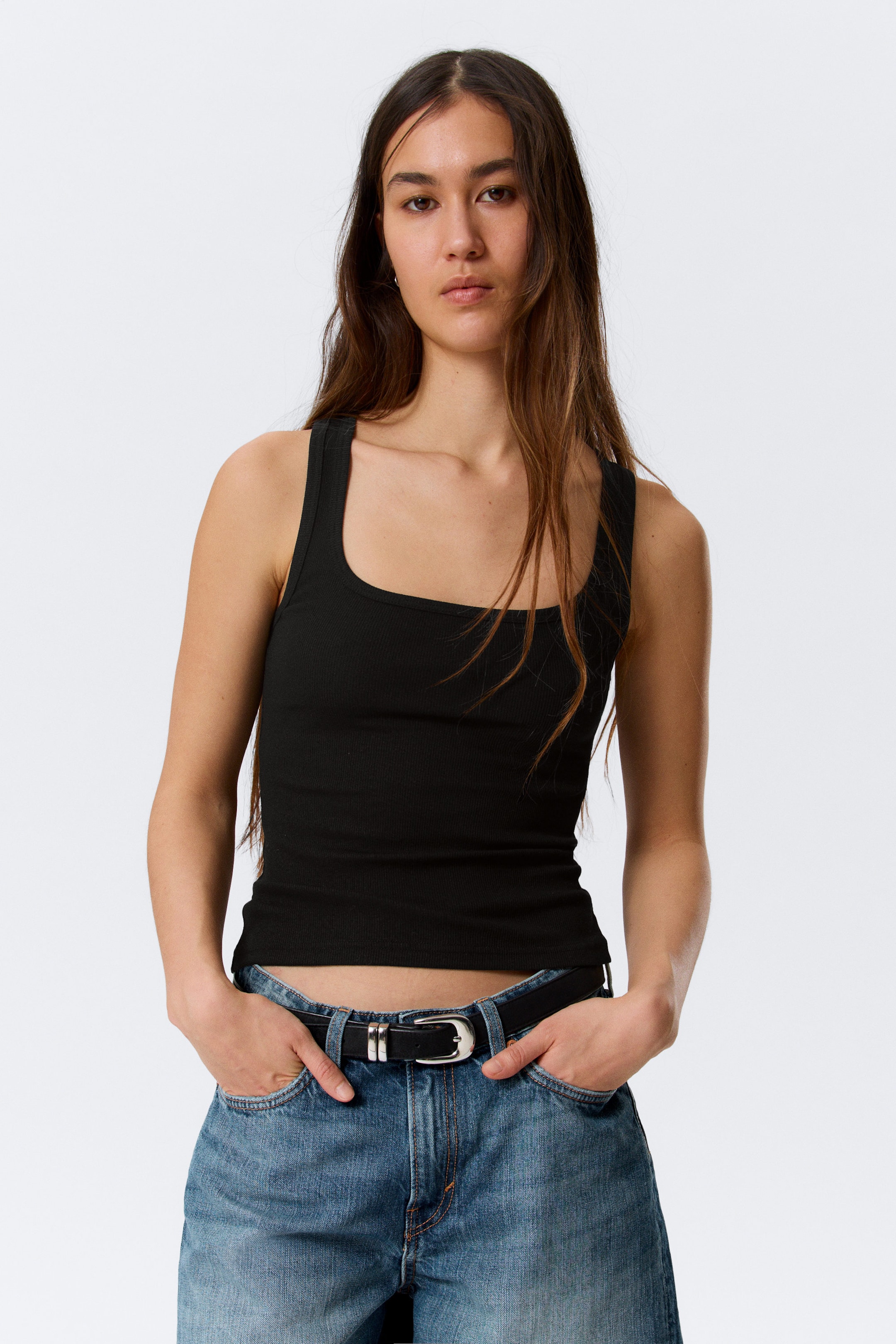 Black - Slim Square Neck Ribbed Tank Top - 1