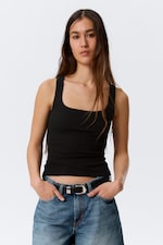 Black - Slim Square Neck Ribbed Tank Top - 0