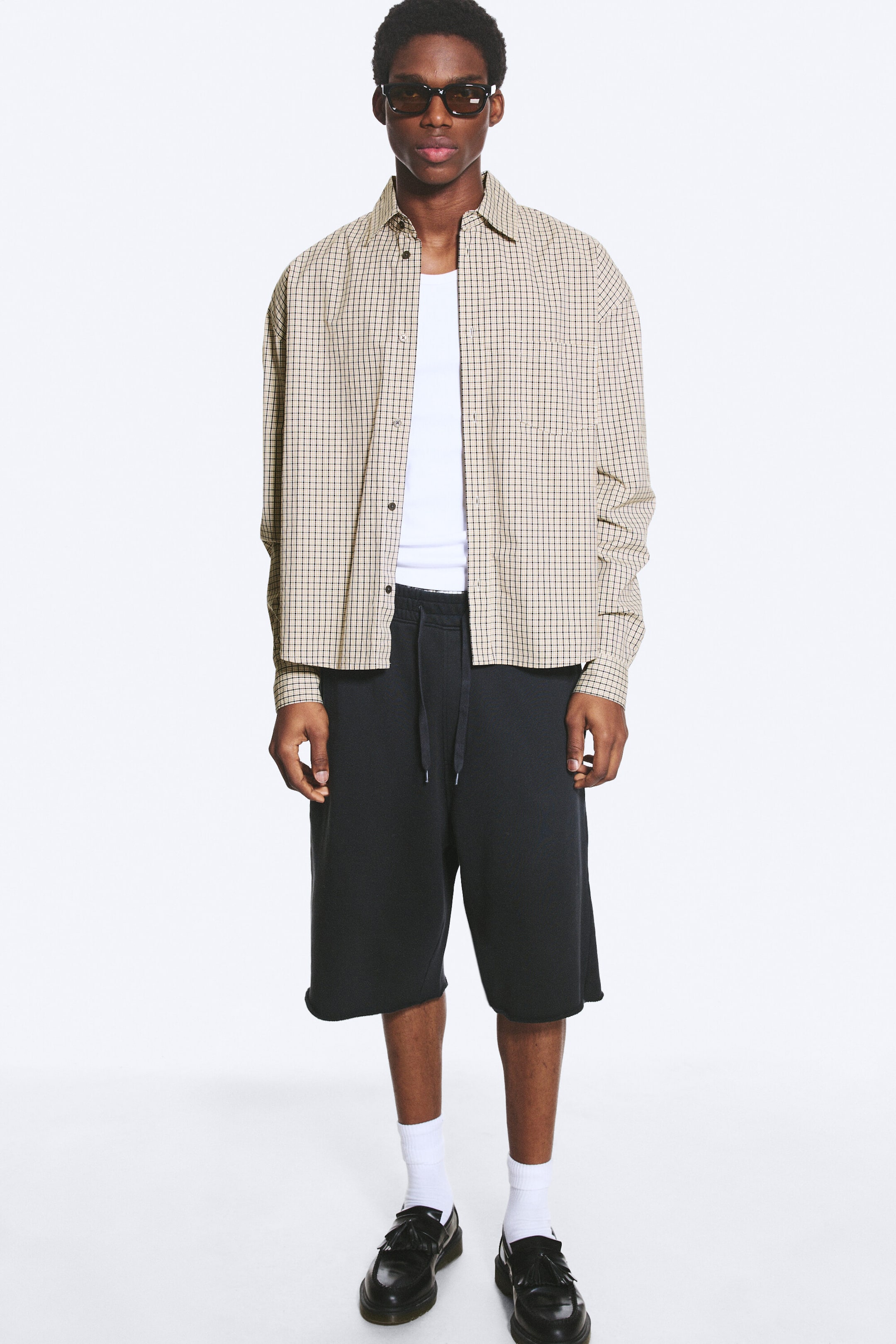 Beige ruit - Boxy overhemd van katoenen popeline met lange mouwen - 1