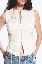 White - Ruched Zip Cotton Poplin Top - 1