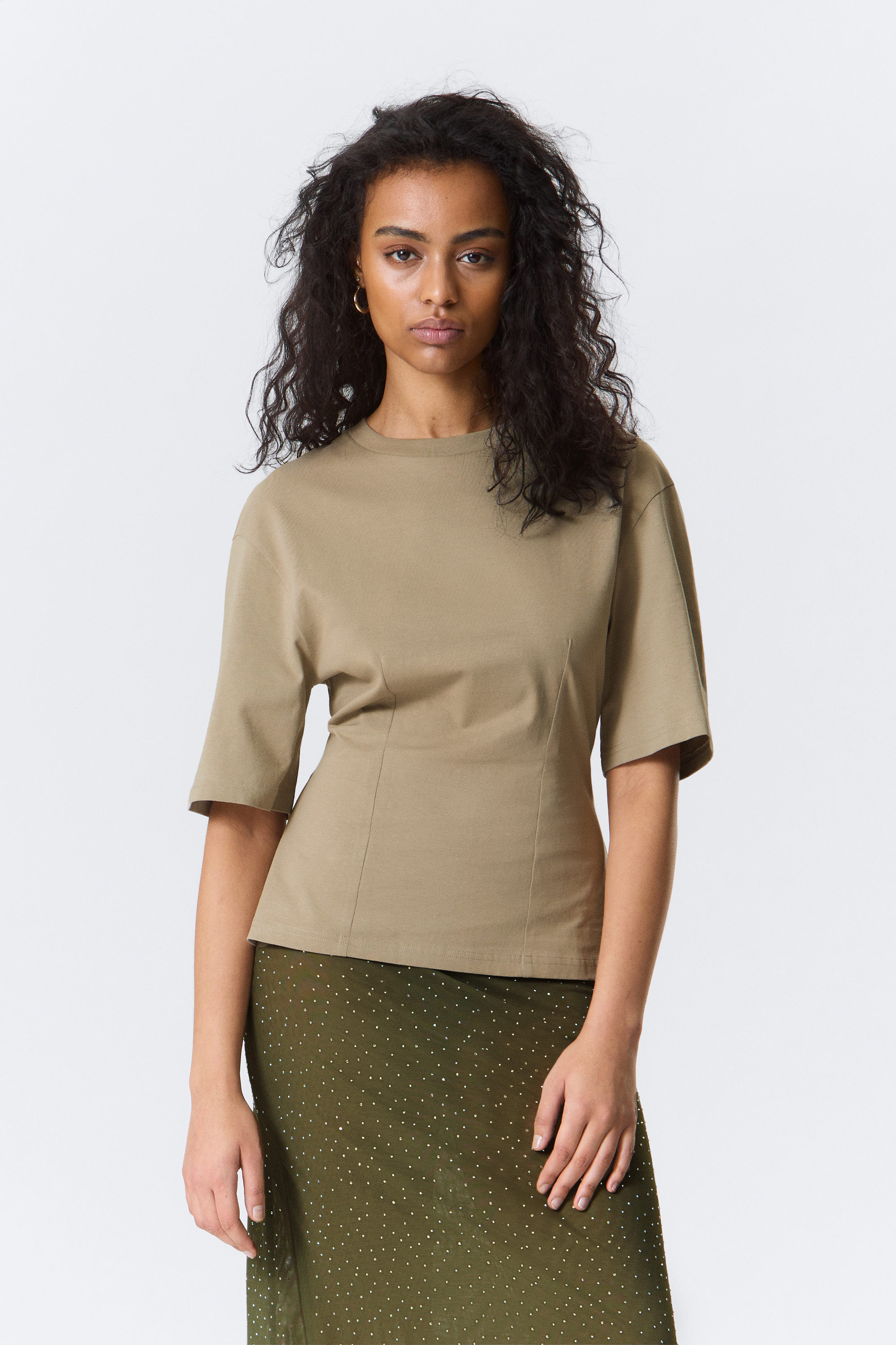 Light Khaki Green - Fitted Dart Detail T-shirt - 2