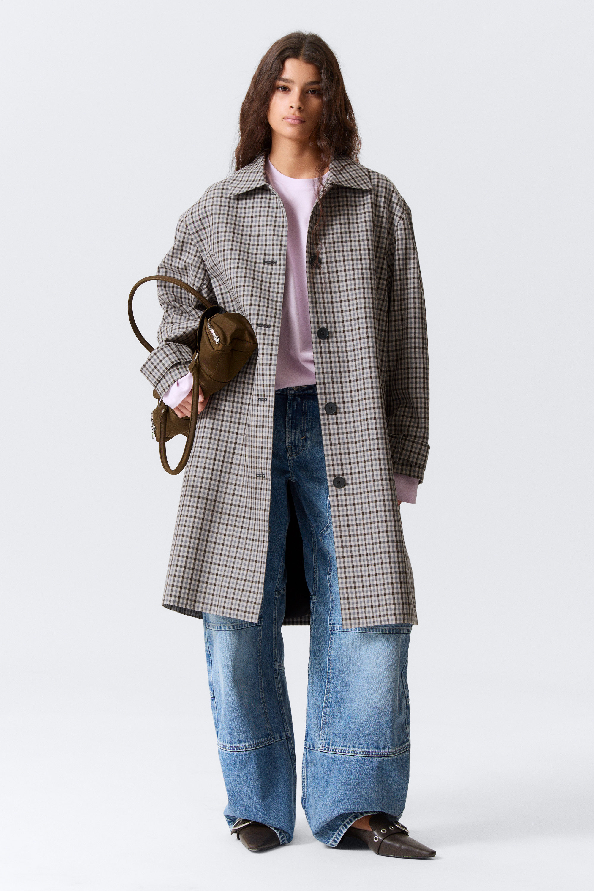 Grau kariert - Locker geschnittener, einreihiger Car-Coat - 2