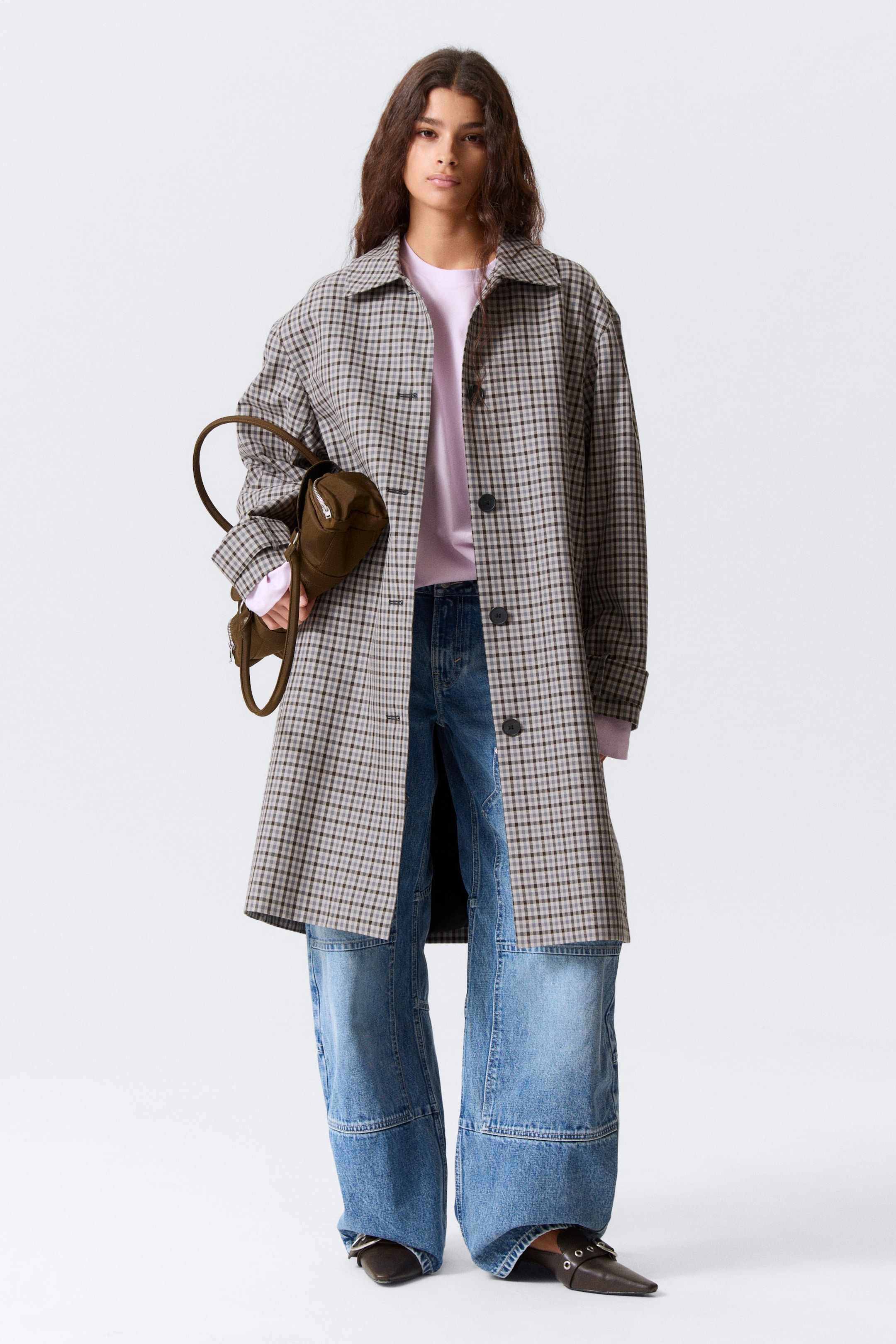 Gris à carreaux - Manteau croisé décontracté - 2