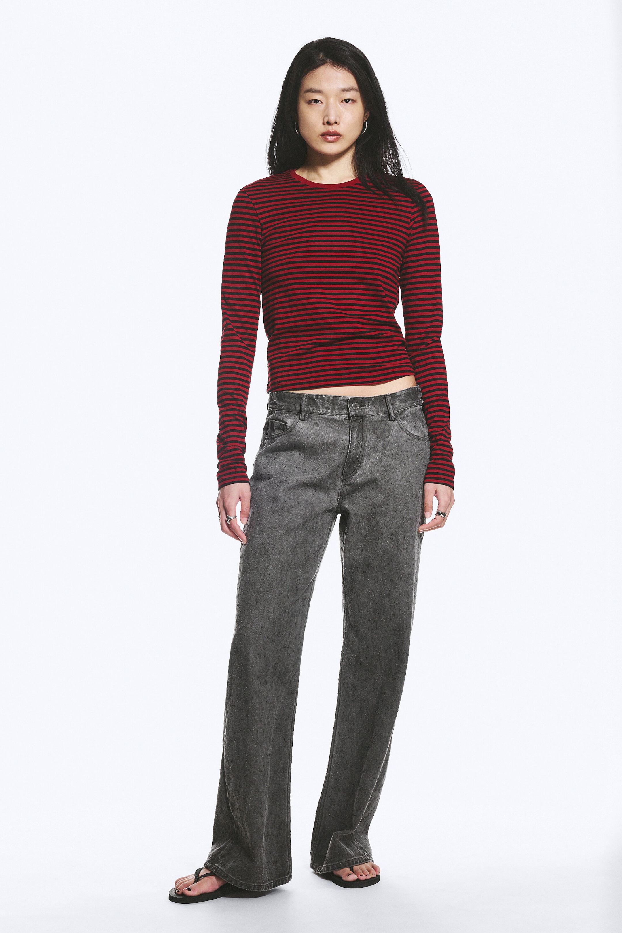 Striped Dark Red - Slim Long-Sleeved Cotton Top - 2