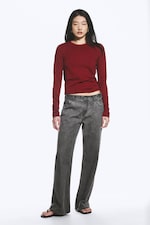 Striped Dark Red - Slim Long-Sleeved Cotton Top - 2