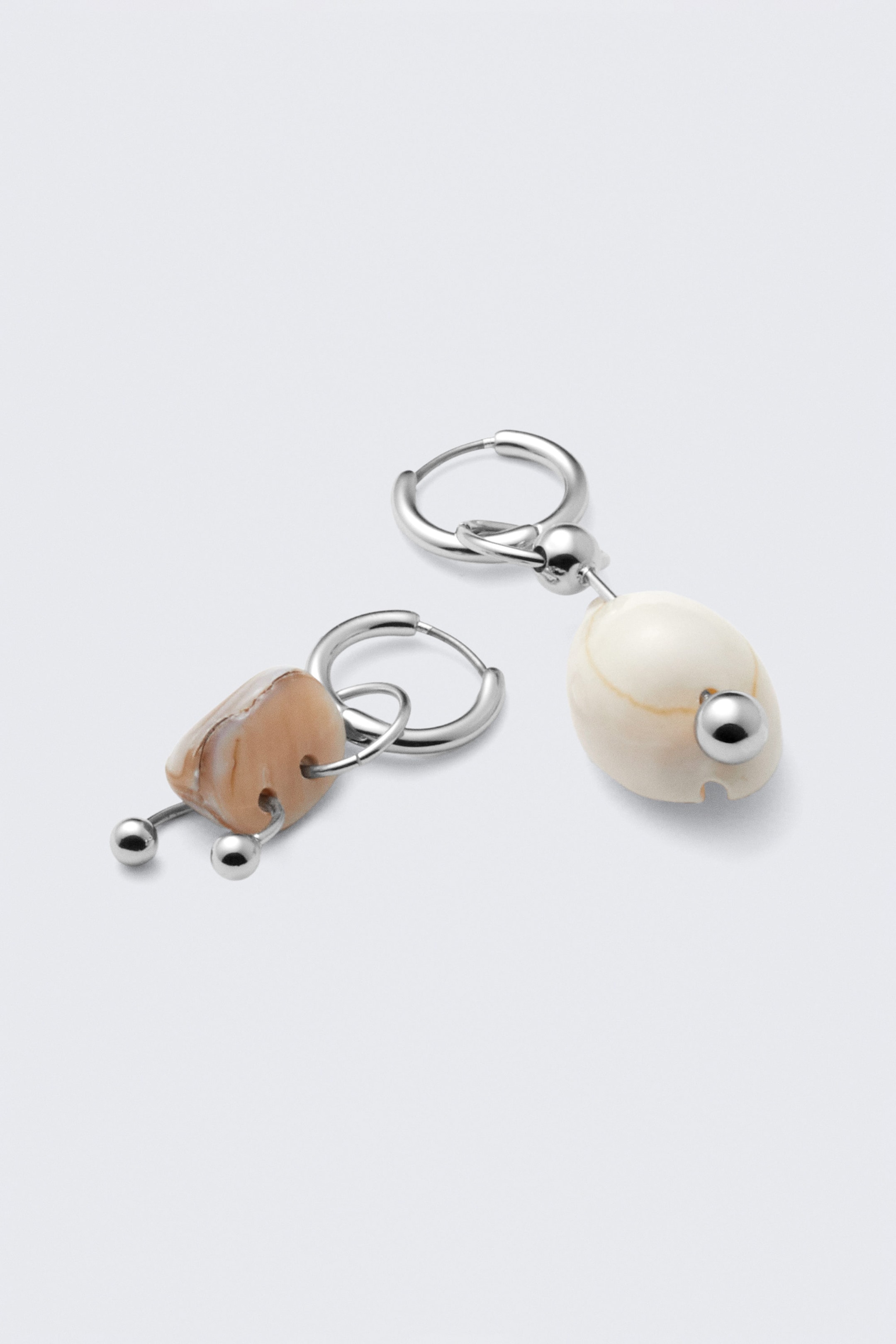 Silver - Pierced Shell Pendant Earrings - 0