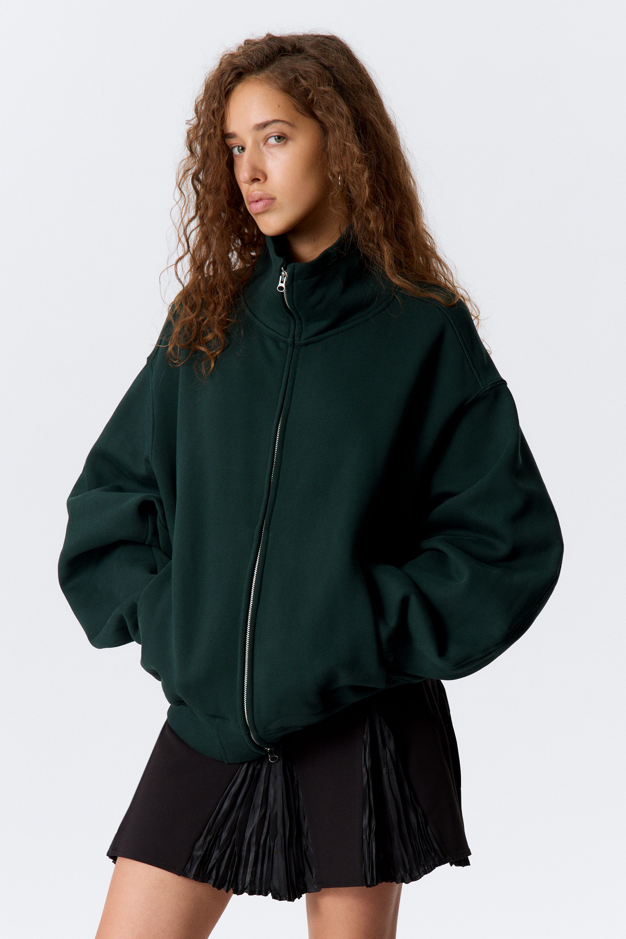 Vert foncé - Pull zippé à col cheminée en tissu épais - 2