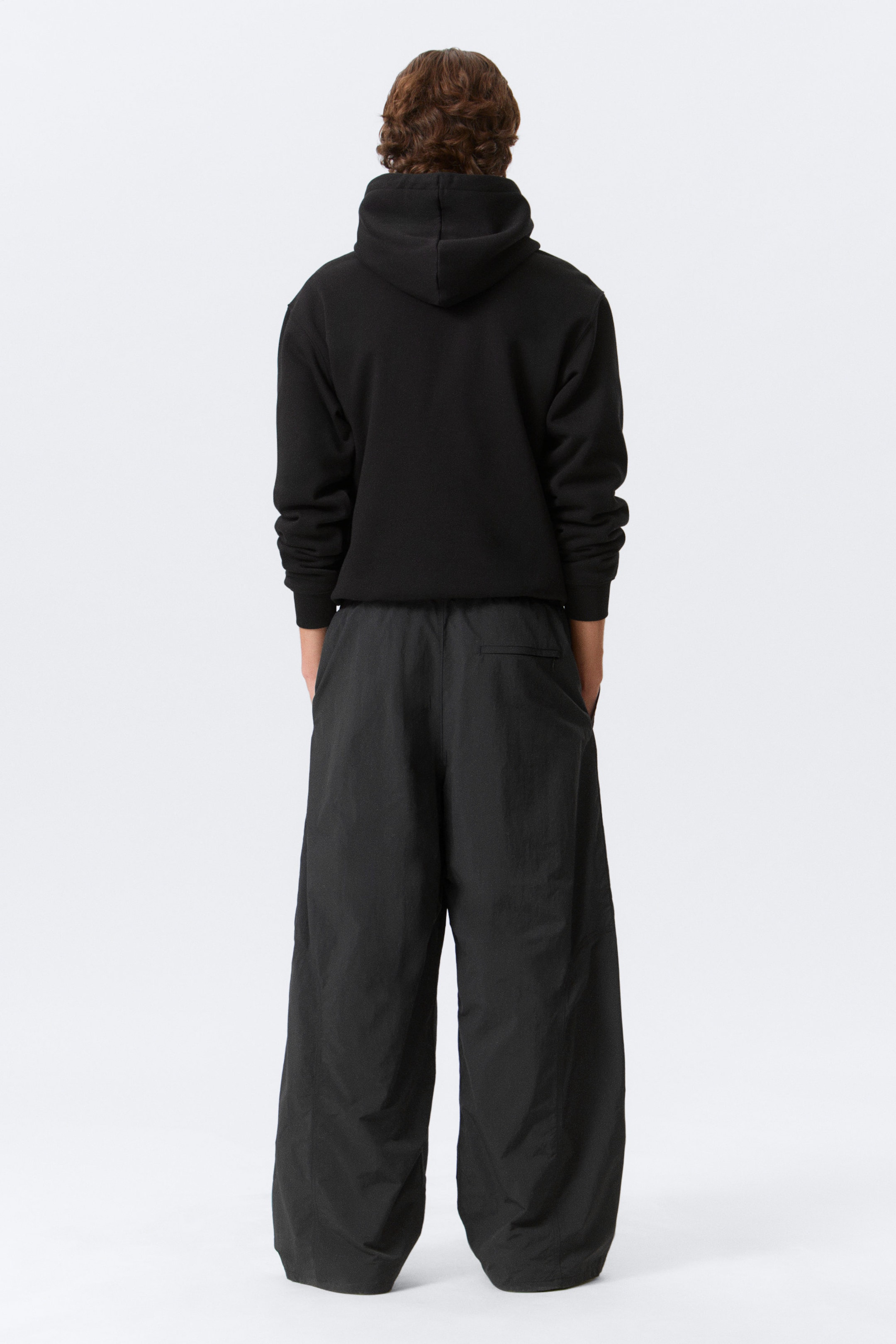 Black - Mid Rise Loose Baggy Leg Nylon Trousers - 2