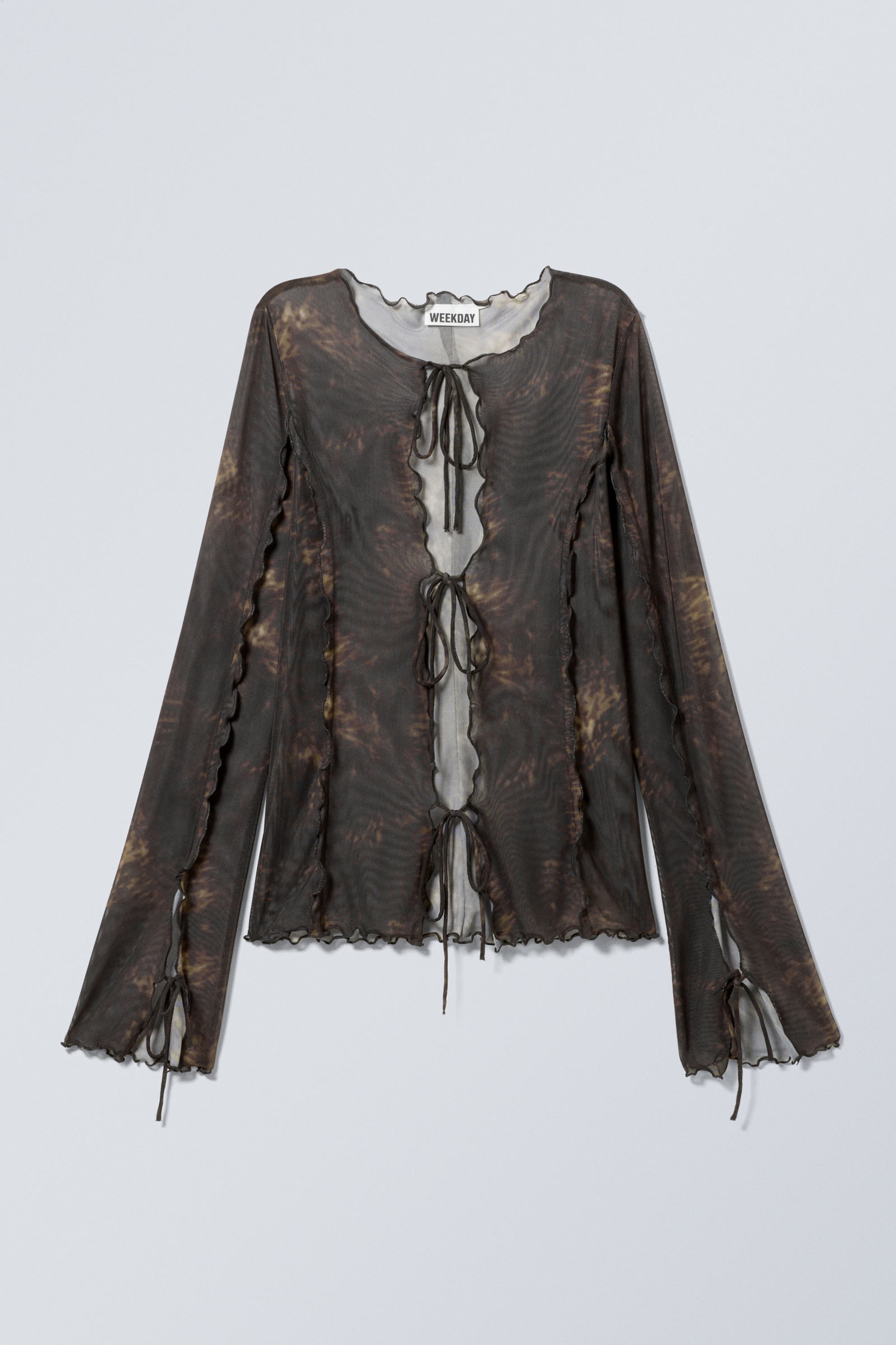 Patterned Dark Plum - Long-Sleeved Mesh Tie Top - 1