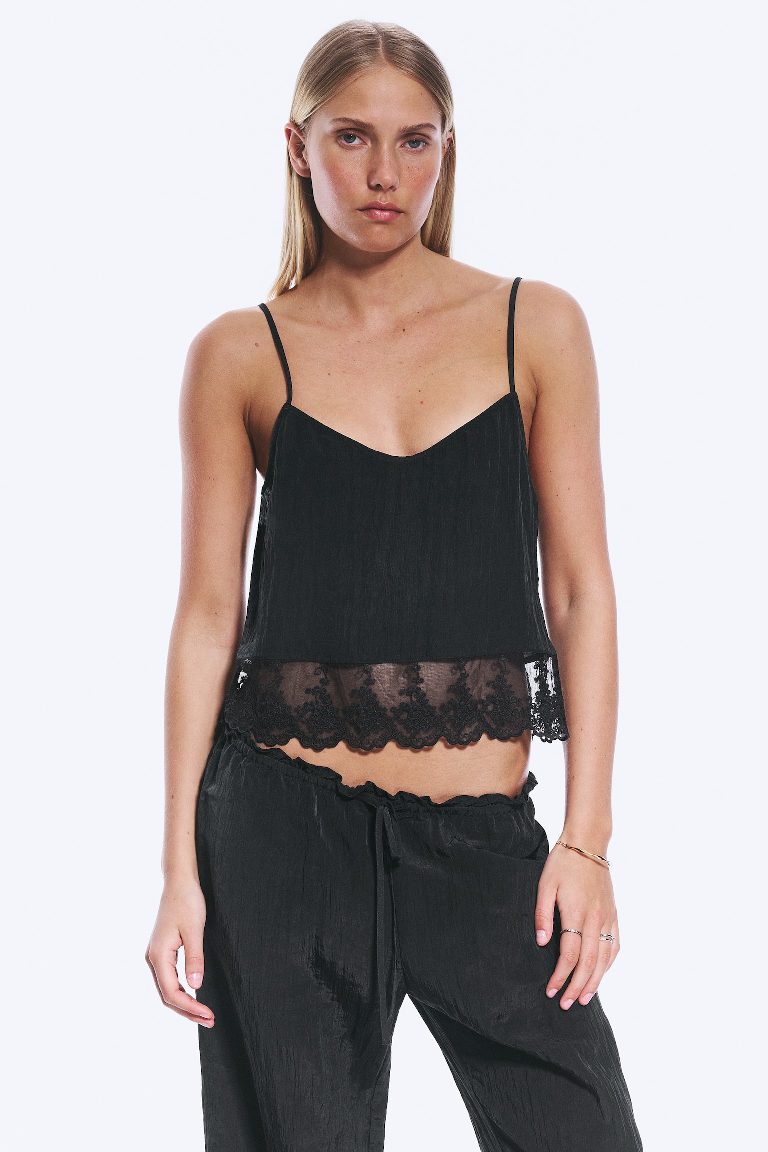 Cropped camisole met kant - Zwart/Wit - 1