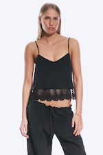 Schwarz - Cropped Camisole mit Spitzenbesatz - 0