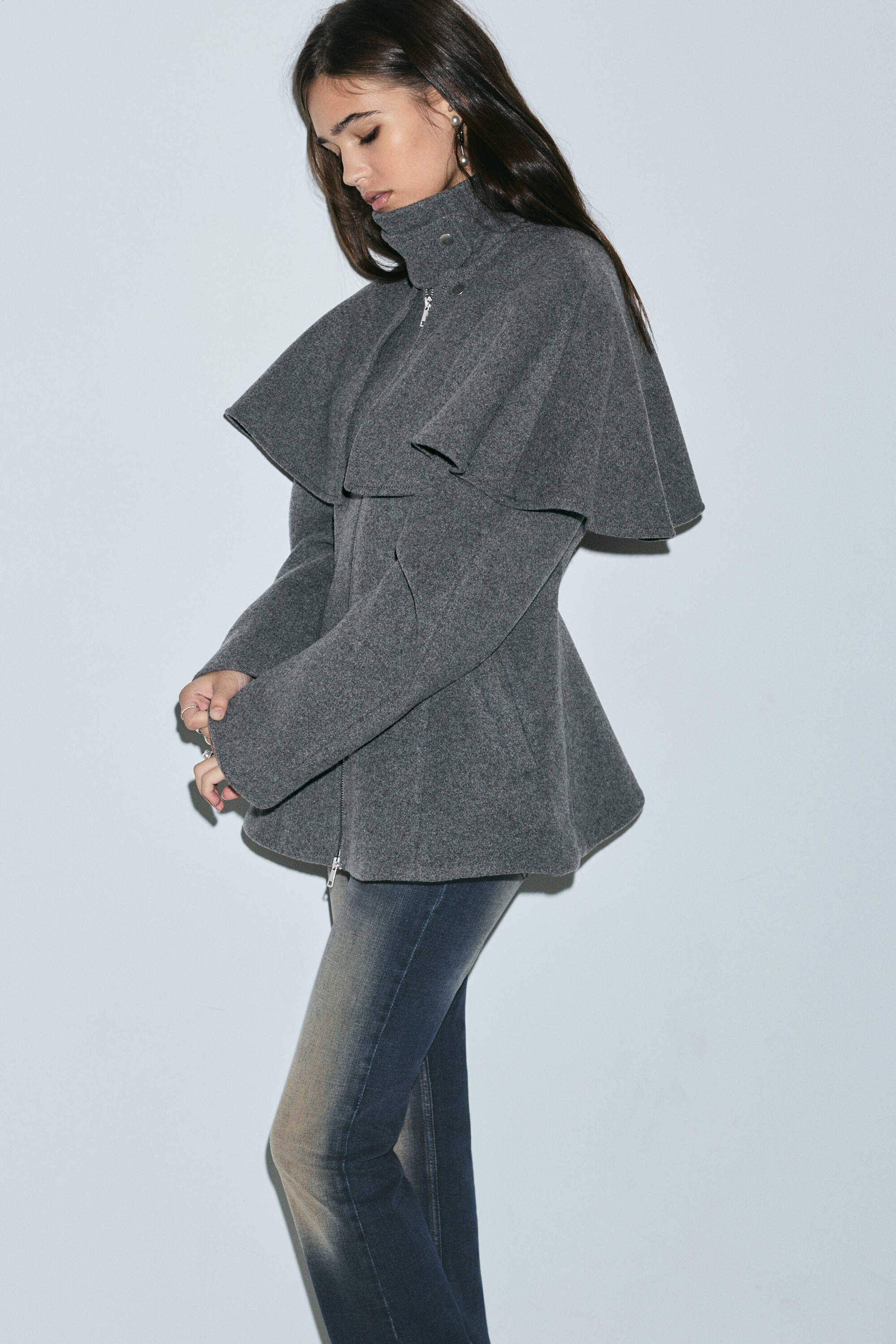 Dark Grey - Wool-Blend Cape-Detail Jacket - 3