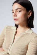 Light Beige - Knitted Cotton Zip Cardigan - 1