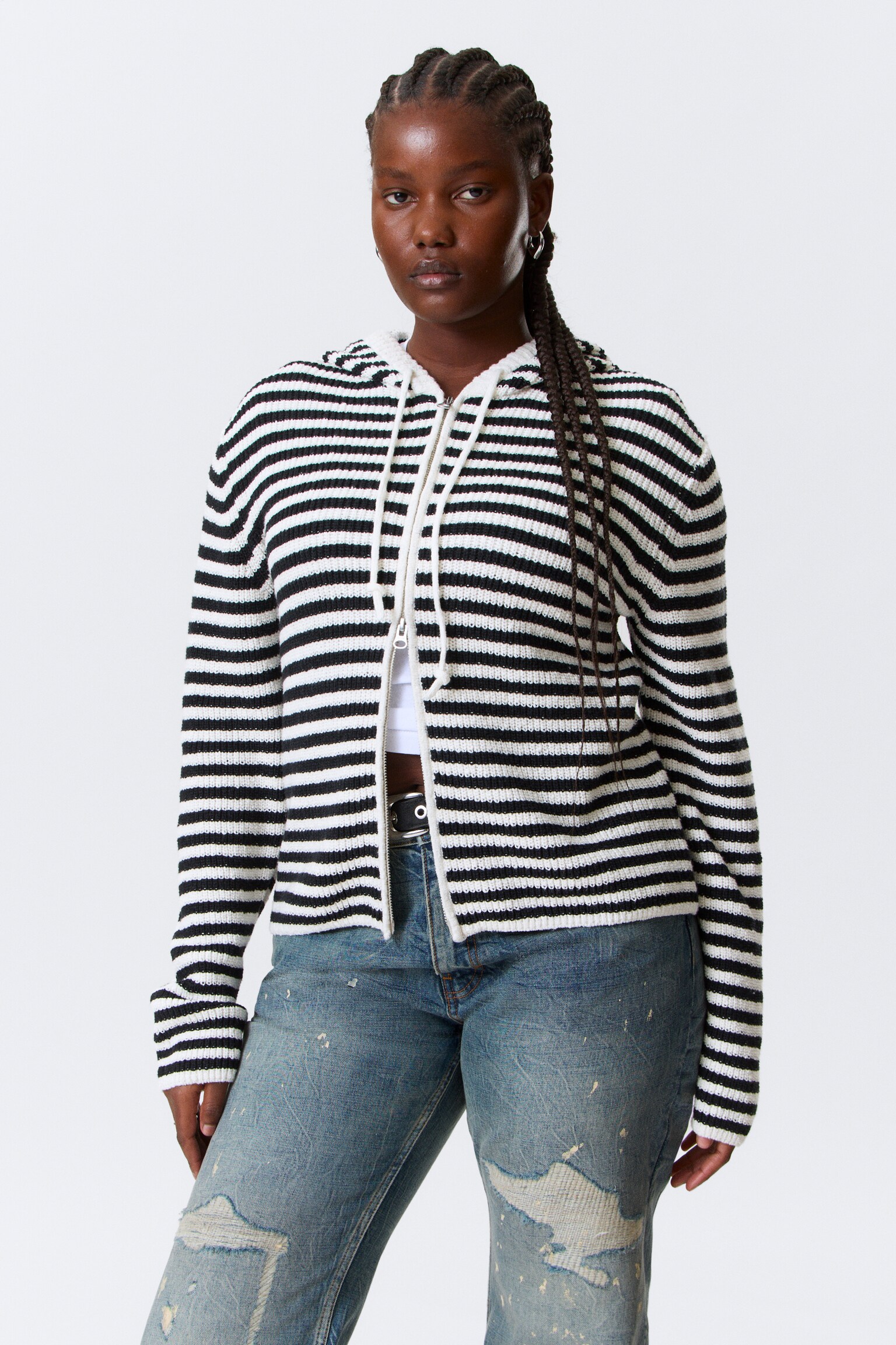 Dzianinowa bluza z kapturem w paski - Black & White Stripes/Striped Grey Melange - 2