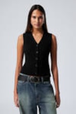 Black - Rib-Knitted V-neck Vest - 0