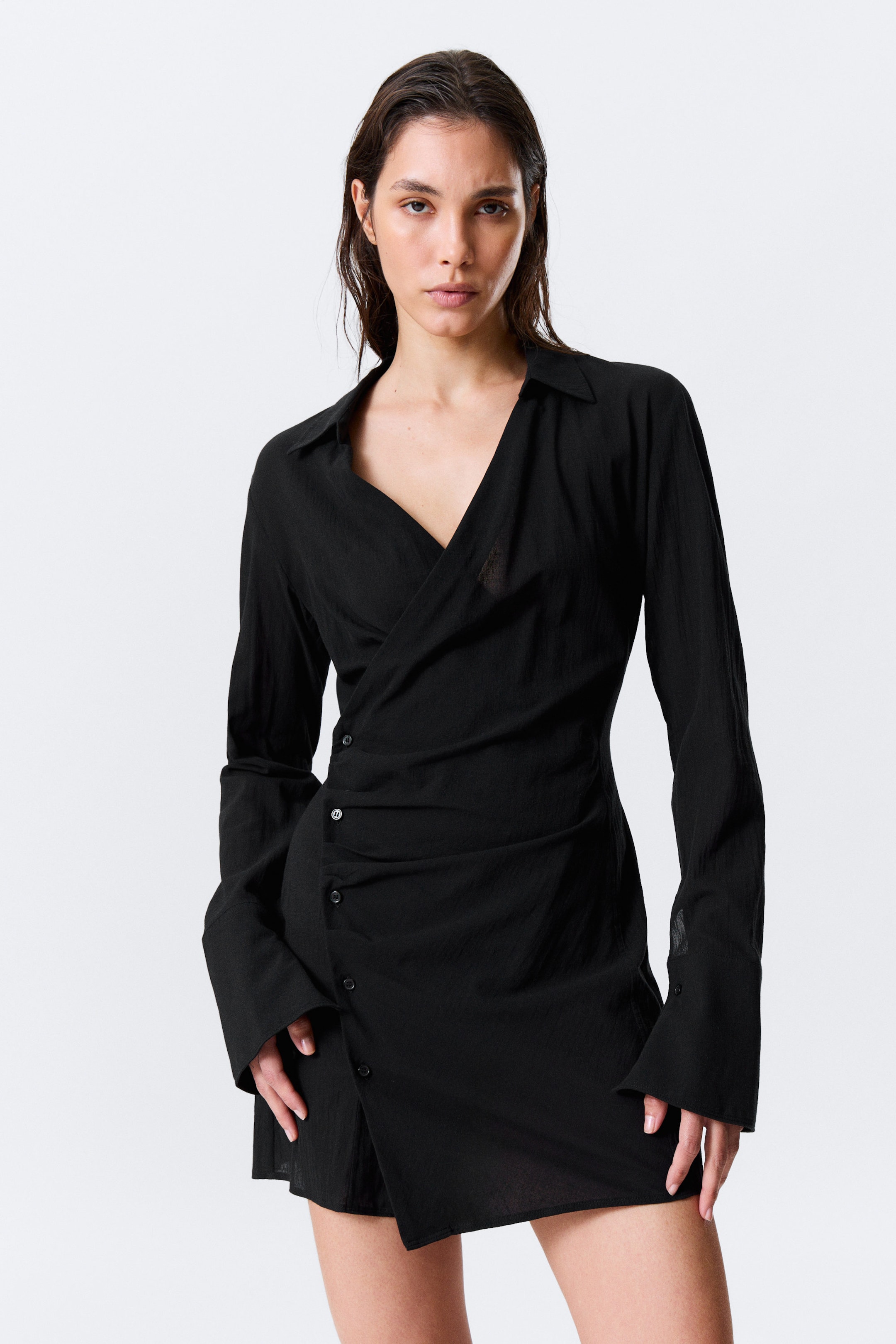Black - Long-Sleeved Asymmetric Mini Shirt Dress - 2
