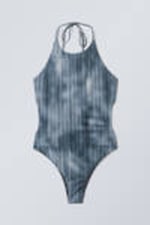 Randig mörkblå - Halter-neck baddräkt med tryck - 4
