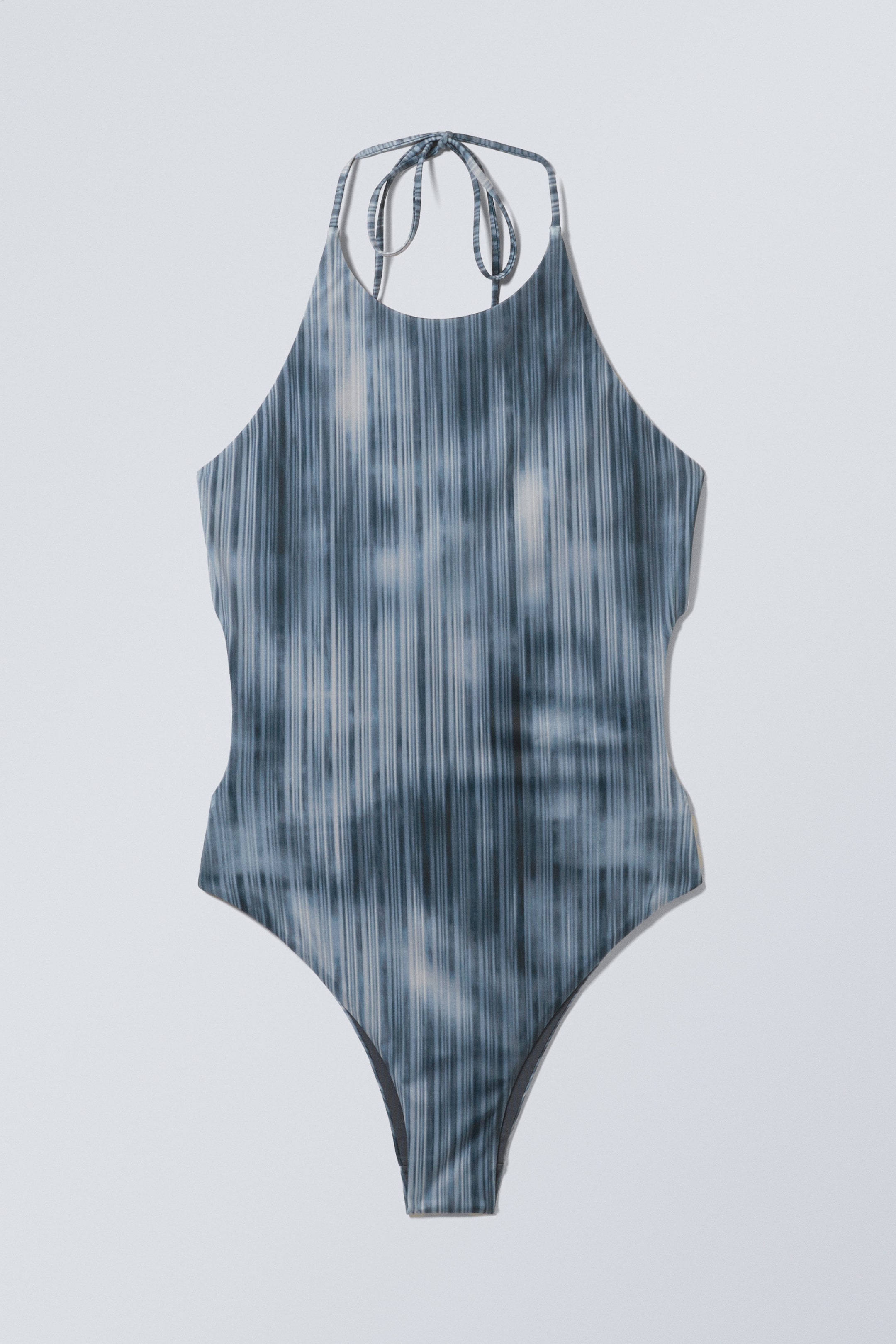 Striped Dark Blue - Tie Printed Halter Neck Swimsuit - 1