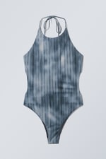 Striped Dark Blue - Tie Printed Halter Neck Swimsuit - 0