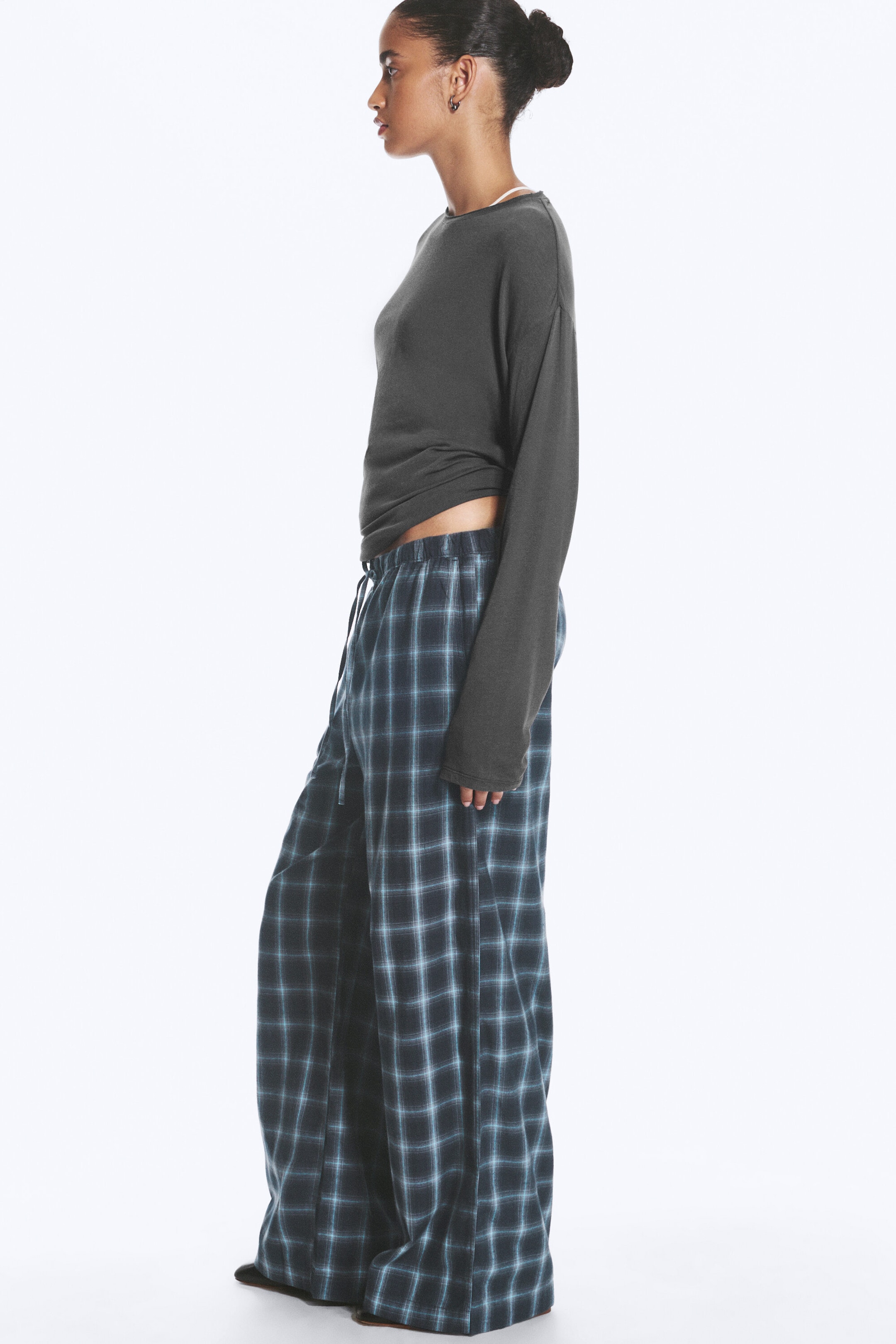 Checked Black & Blue - Wide Flannel Pyjama Trousers - 0