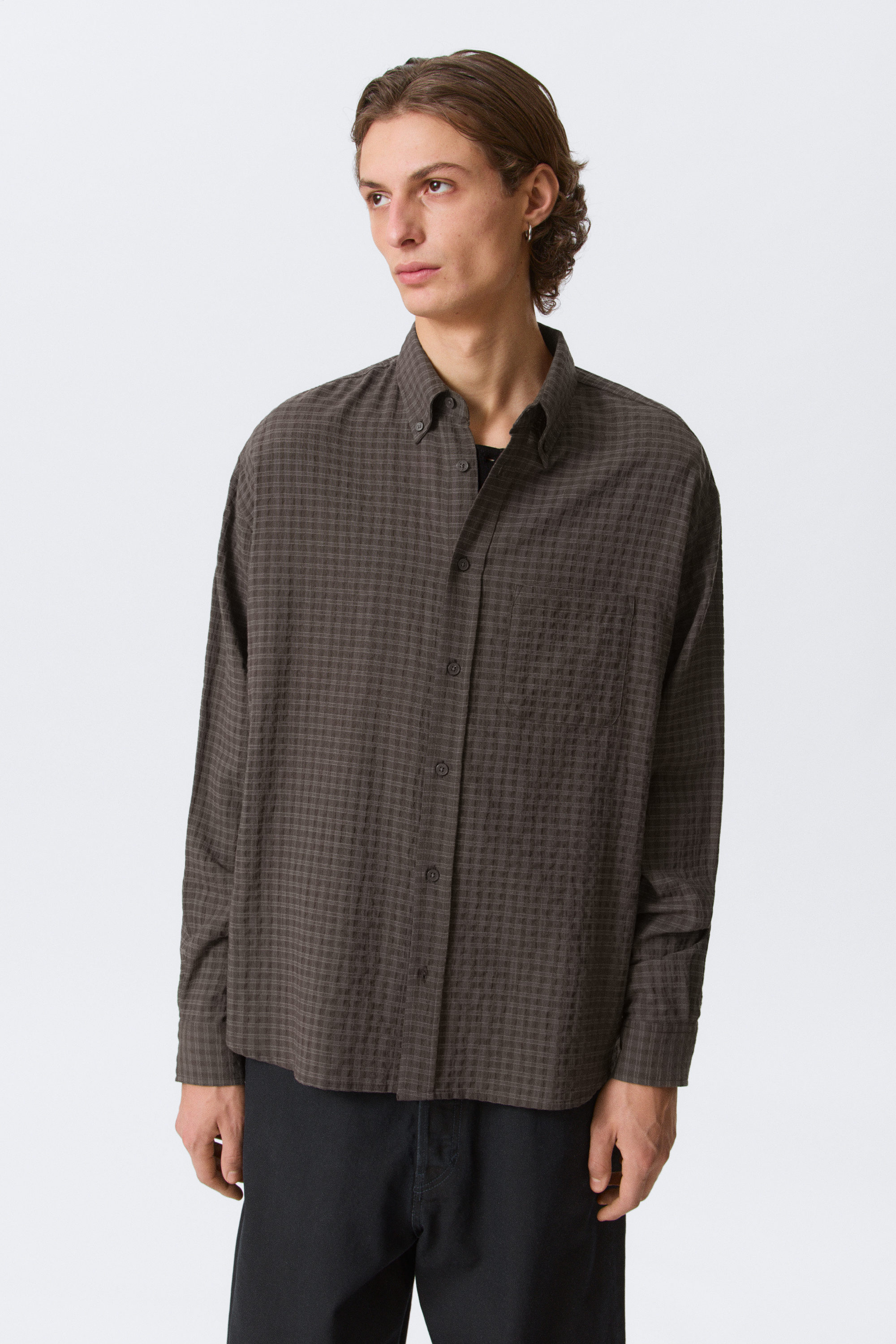 Checked Dark Brown - Loose Structured Button-Down Shirt - 1