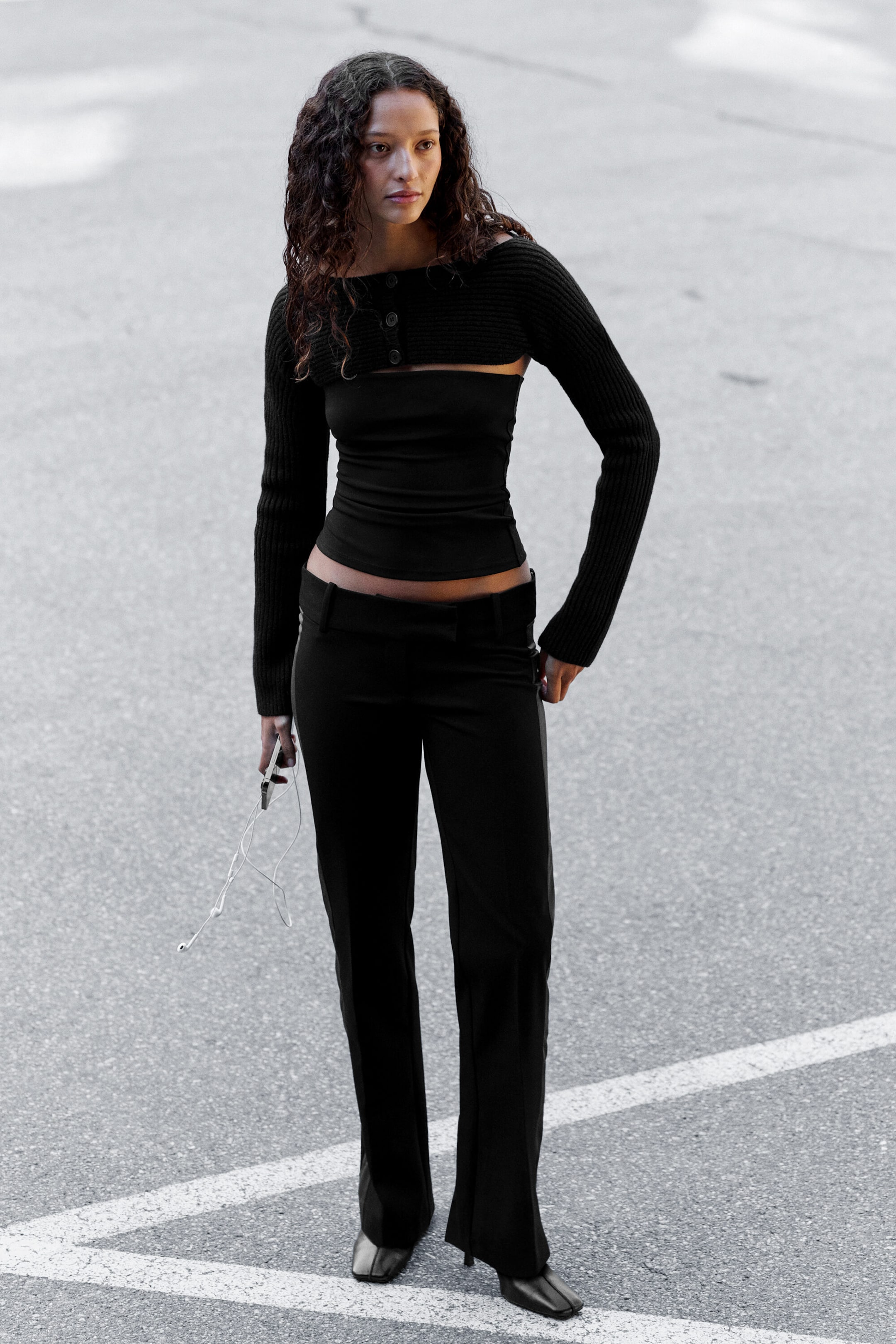Black Melange - Rib-Knit Boat-Neck Bolero Cardigan - 1