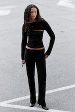 Black Melange - Rib-Knit Boat-Neck Bolero Cardigan - 1