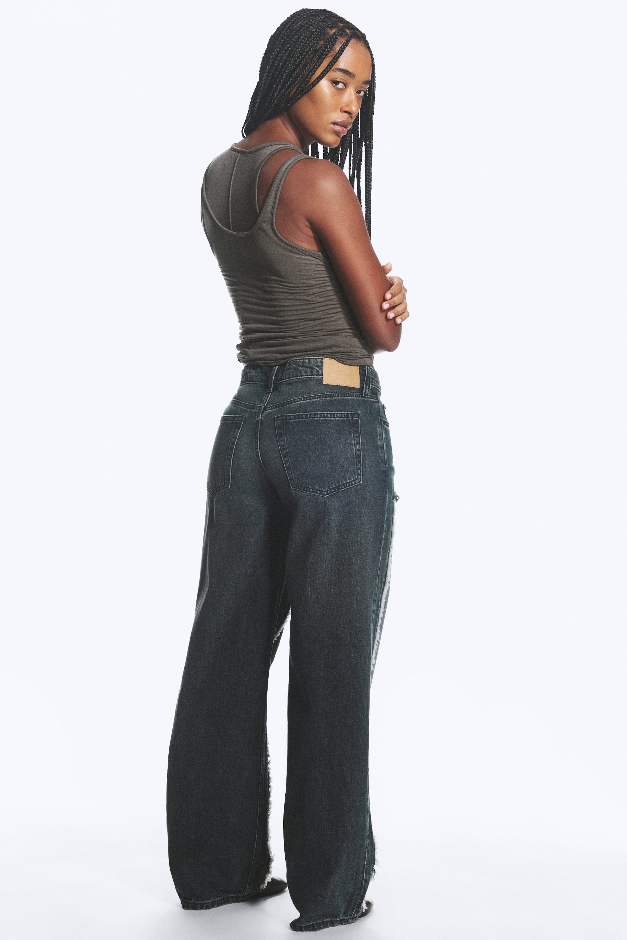 Kimberly Blue - Dark Blue - Ample Frayed Low Rise Loose Wide Jeans - 3