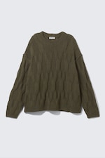 Dark Khaki Green - Loose Knitted Structured Sweater - 0