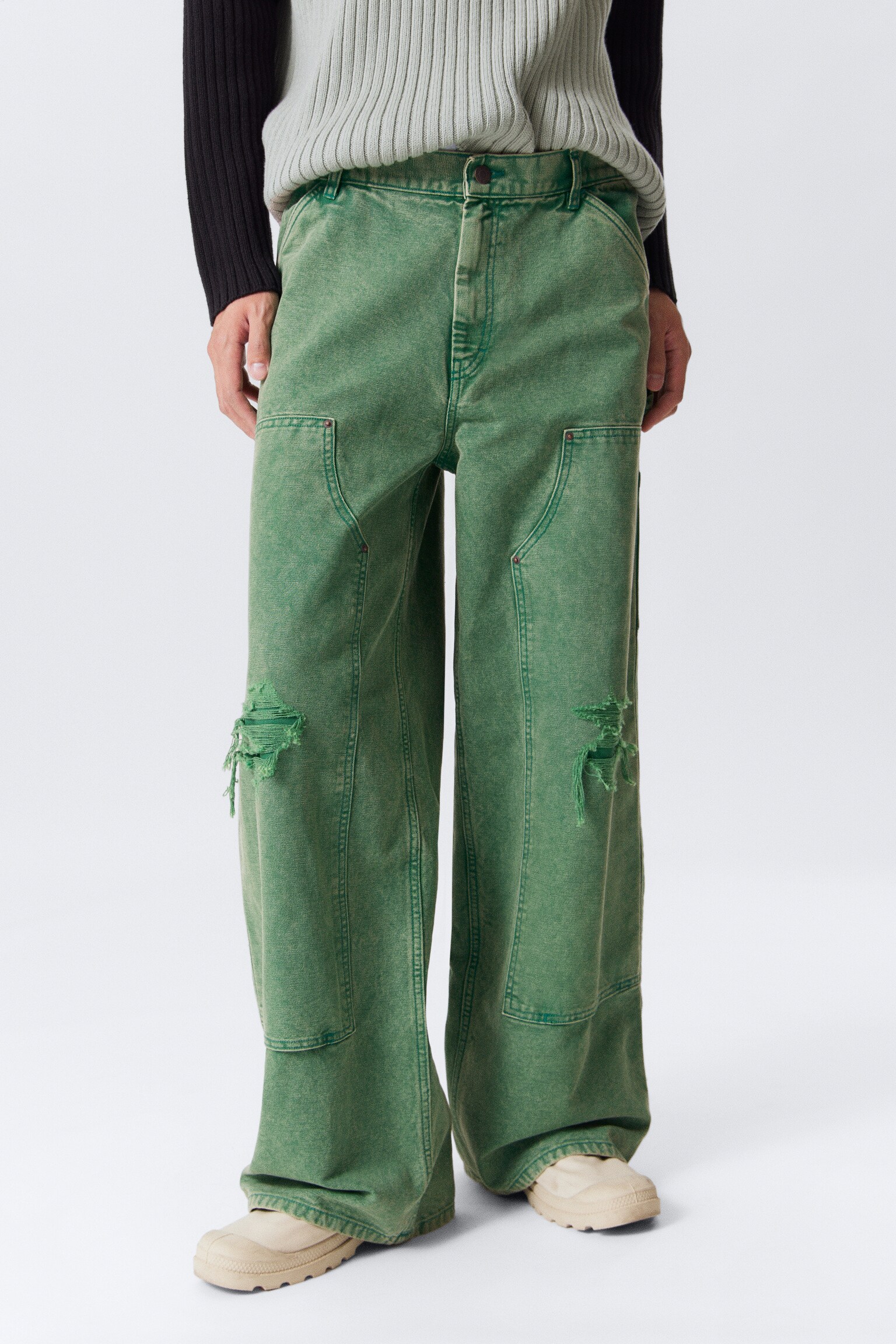 Low Rise Loose Fit Workwear Trousers - Washed Green/Black - 7