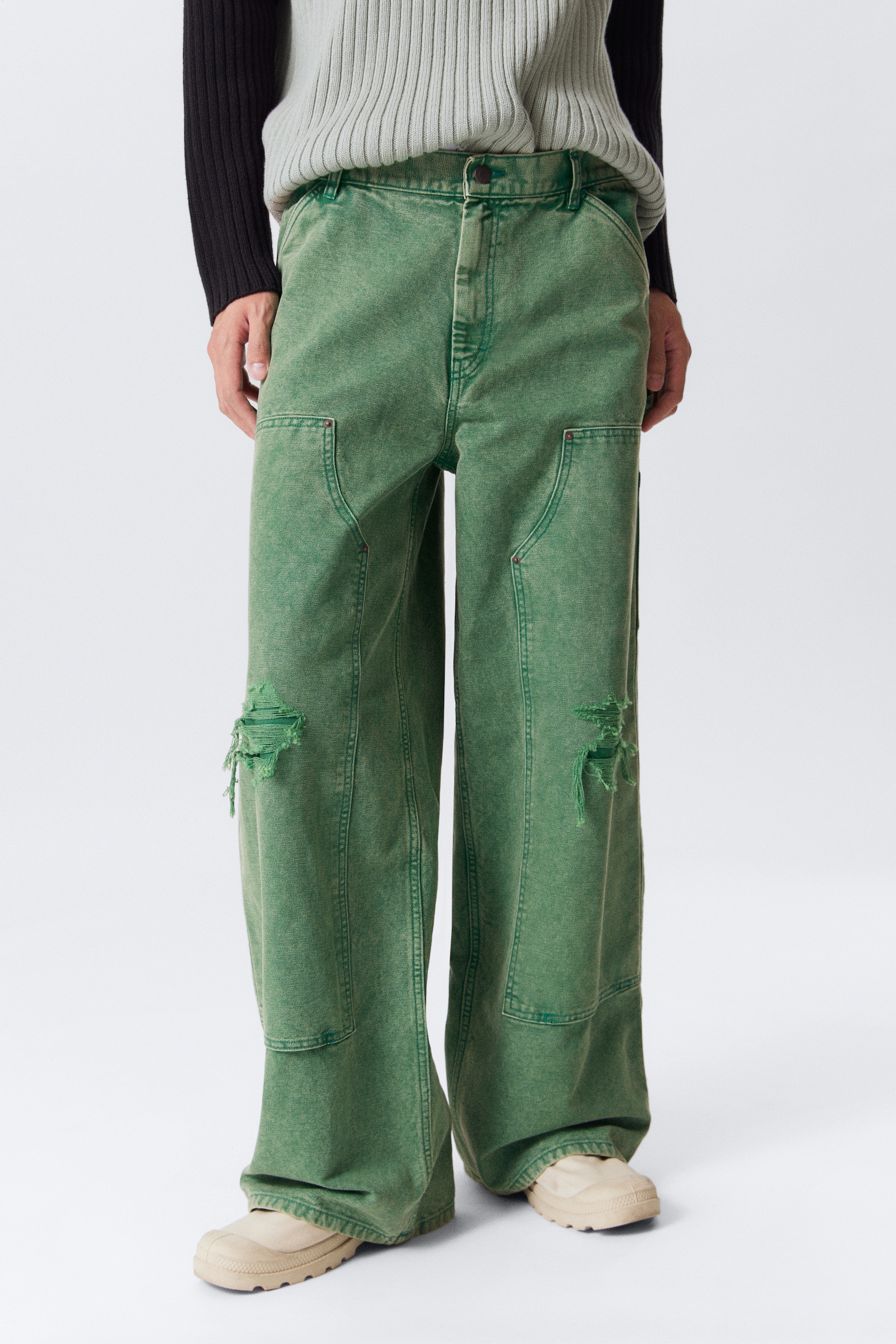 Low Rise Loose Fit Workwear Trousers - Washed Green/Black - 5