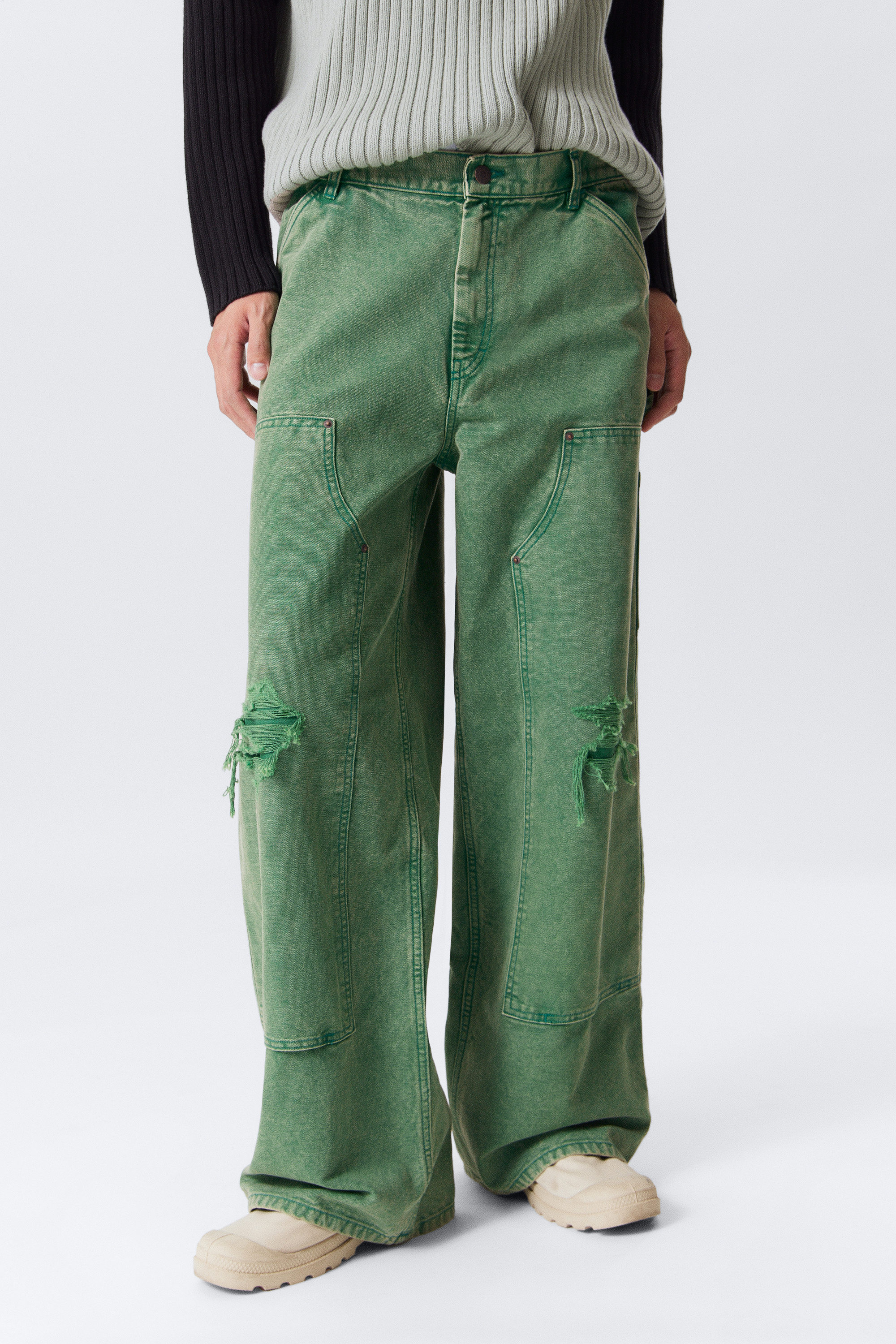 Washed Green - Weit geschnittene Workwear-Hose mit niedrigem Bund - 2