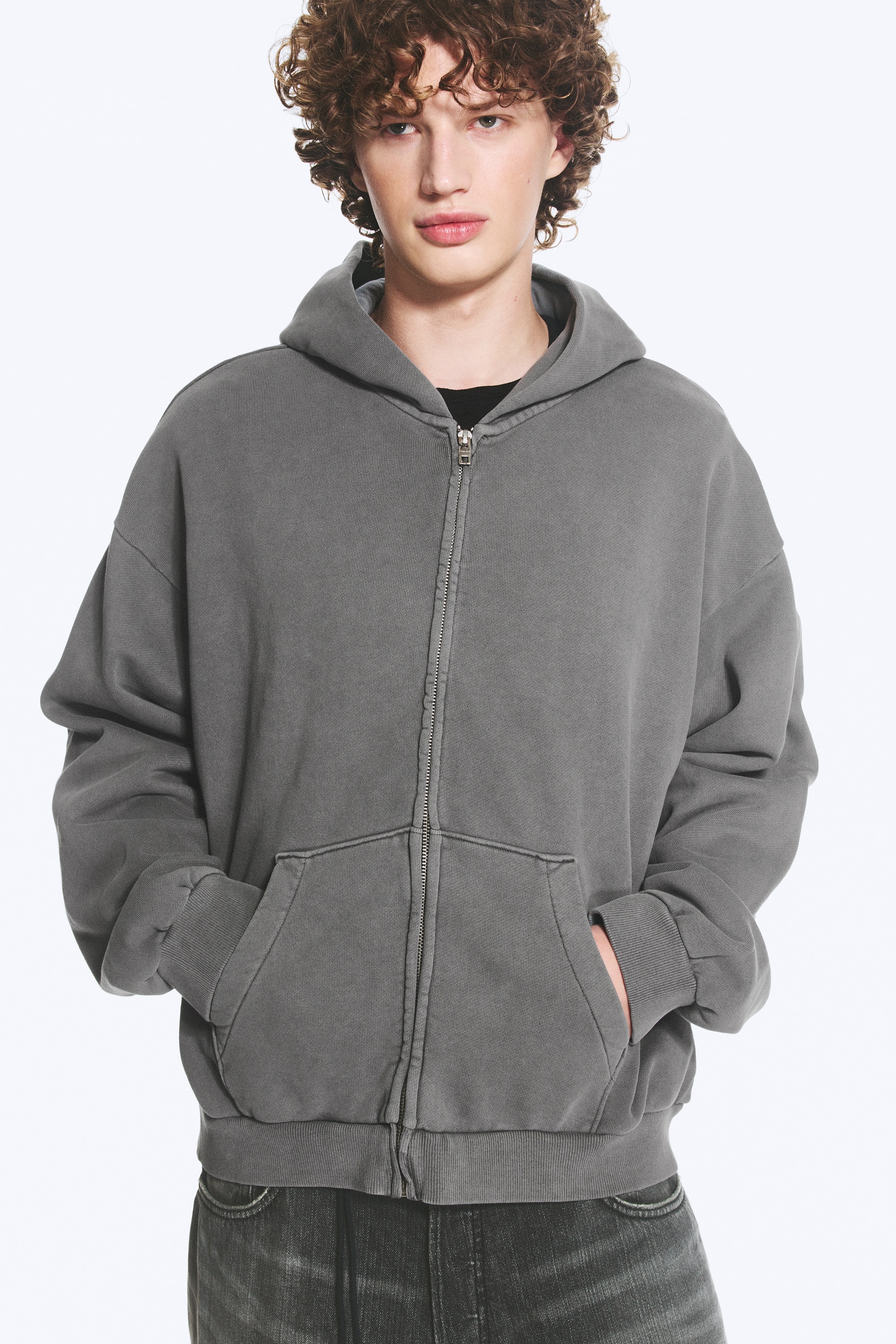 Felpa con cappuccio e zip, loose in tessuto pesante - Grigio lavato/Nero Vissuto