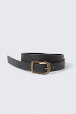Black - Brass Buckle - Slim Faux Leather Belt - 0