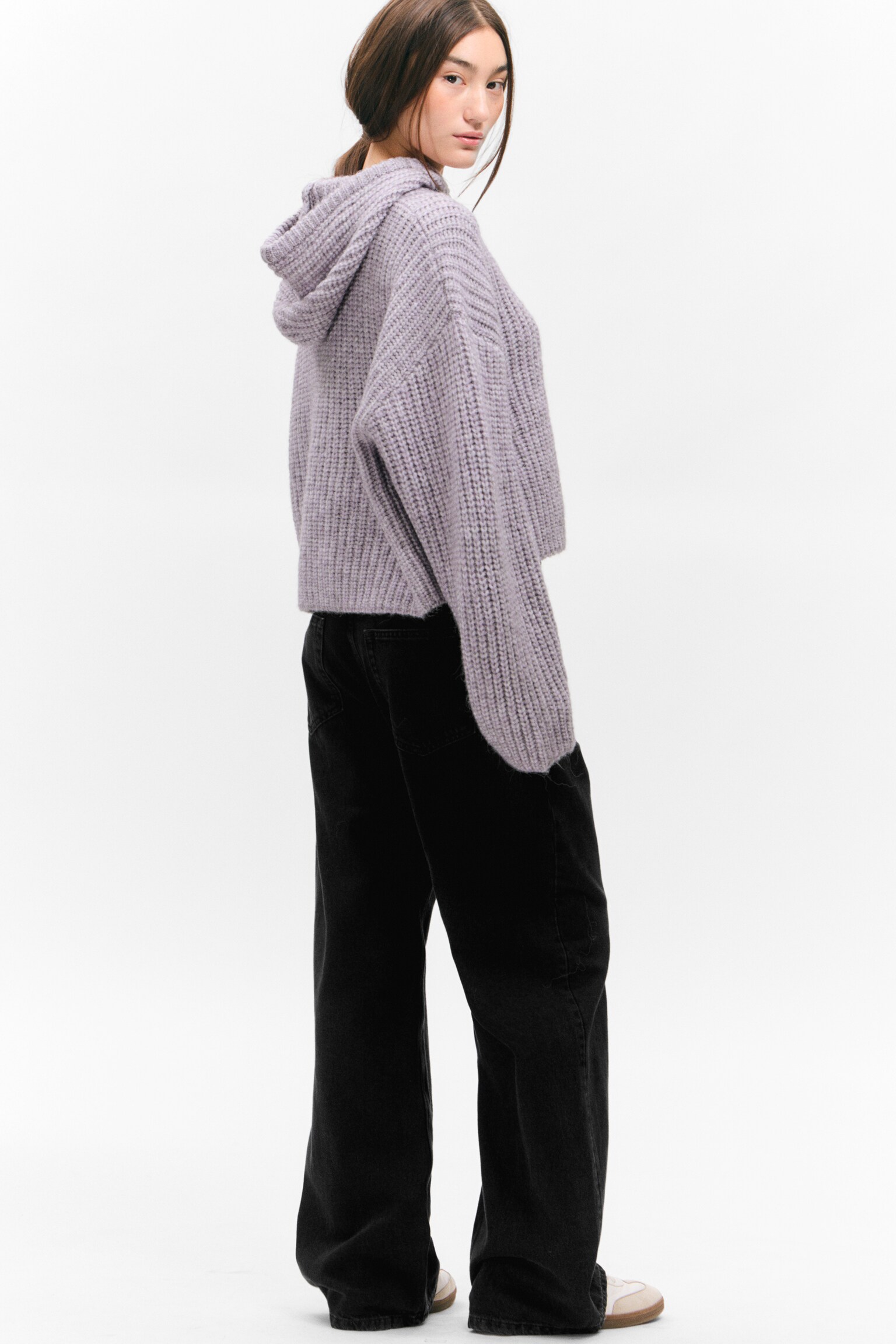 Knitted Drawstring Hoodie - Lilac/White - 3